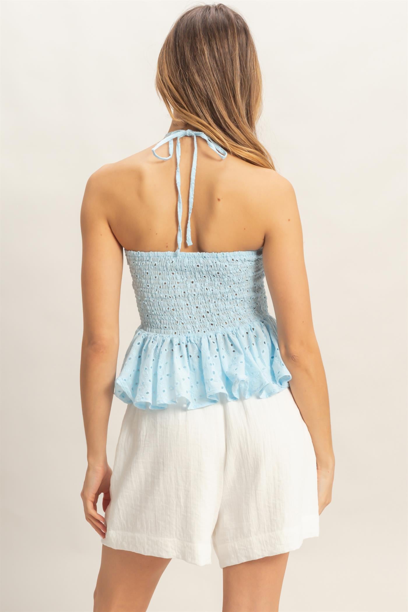 Wholesale Smocked Halter Top Clothing Tops HF26A276 L.BLUE HYFVE