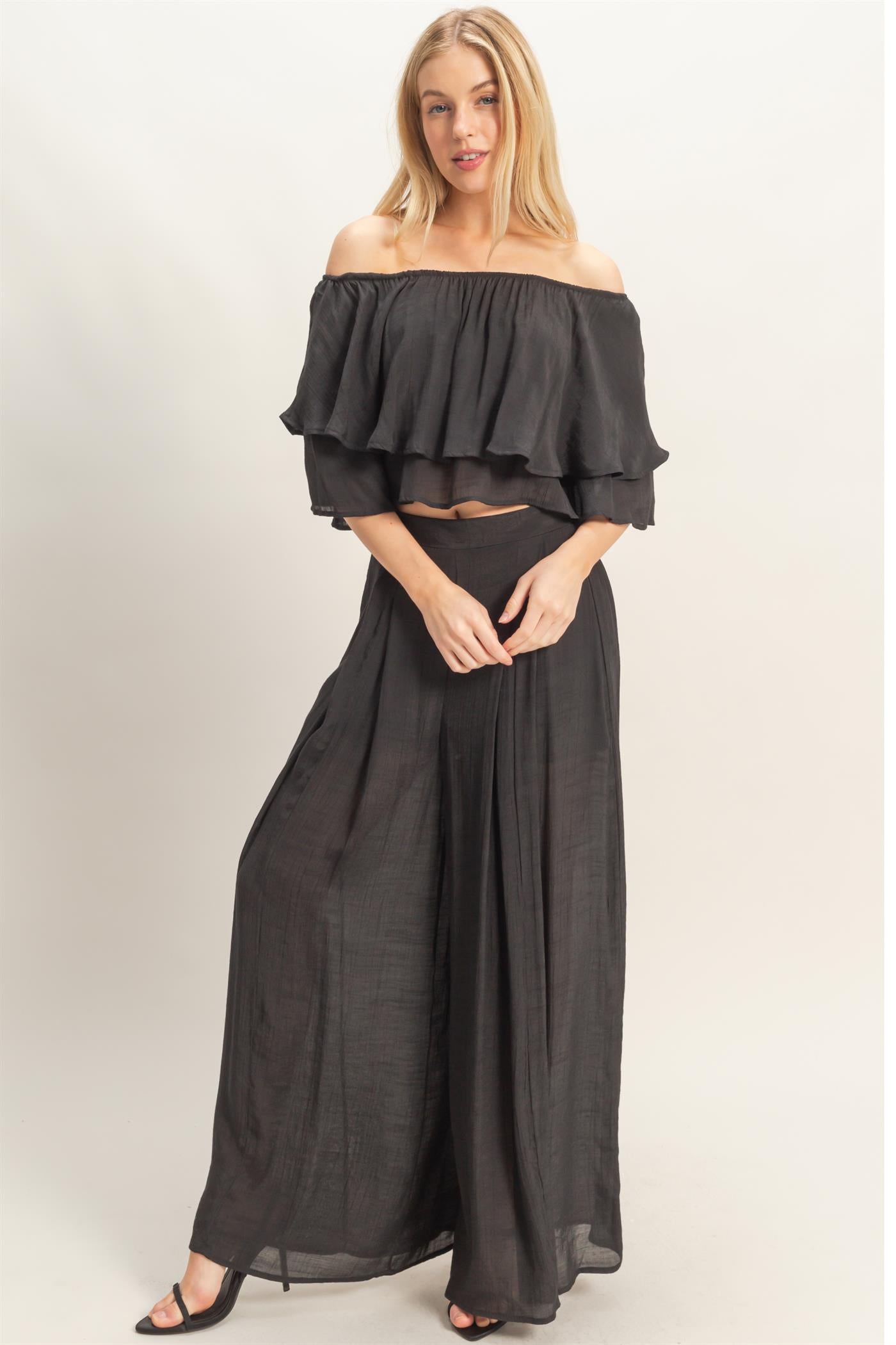Wholesale Off Shoulder Top & Pleated Pant Set Clothing HF26C291-SET-D BLACK HYFVE