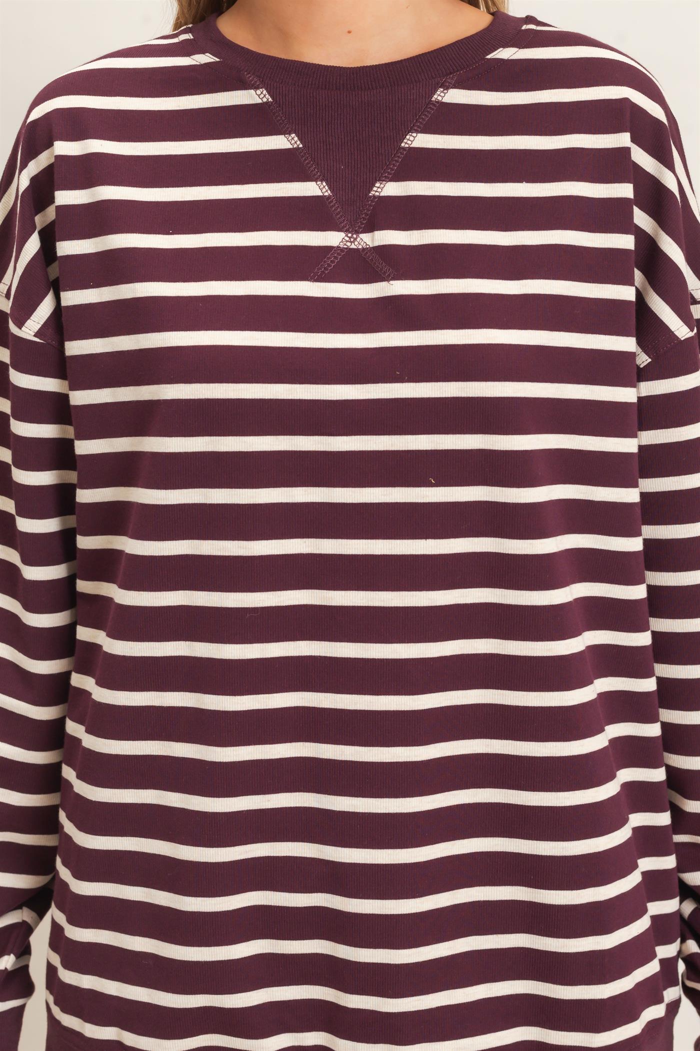 Wholesale Striped Long Sleeve Pullover Sweatshirts HF26F077 RASPBERRY/ECRU HYFVE