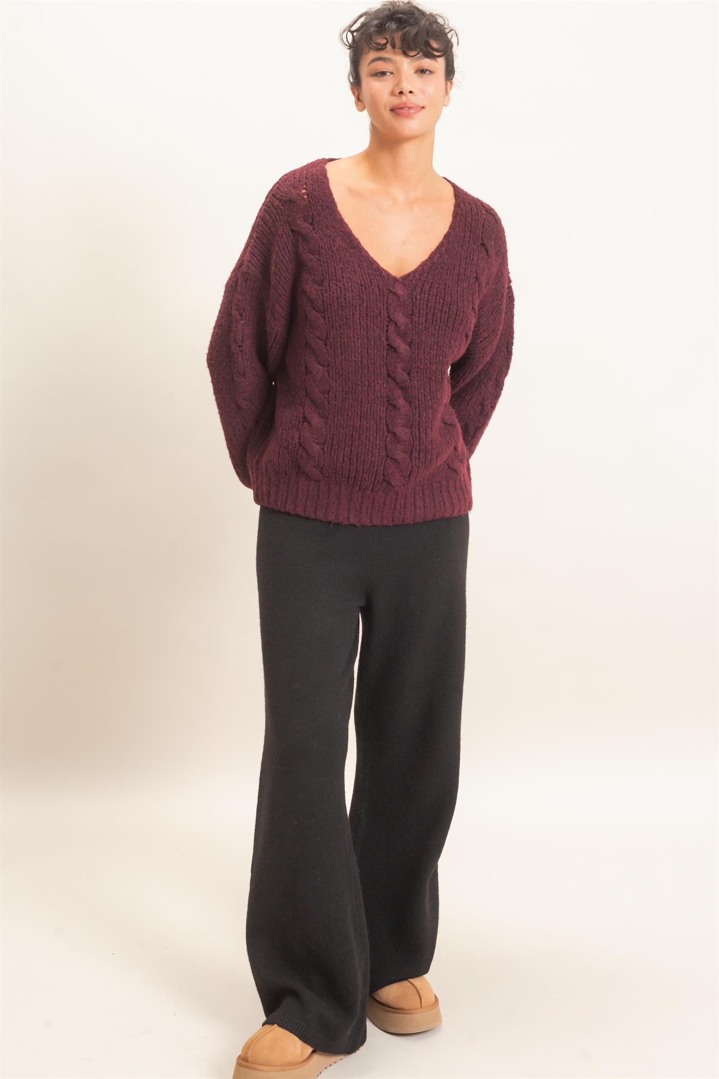 Wholesale Cable Knit V-Neck Sweater Sweaters DZ26E107 DARK CHERRY DOUBLE ZERO