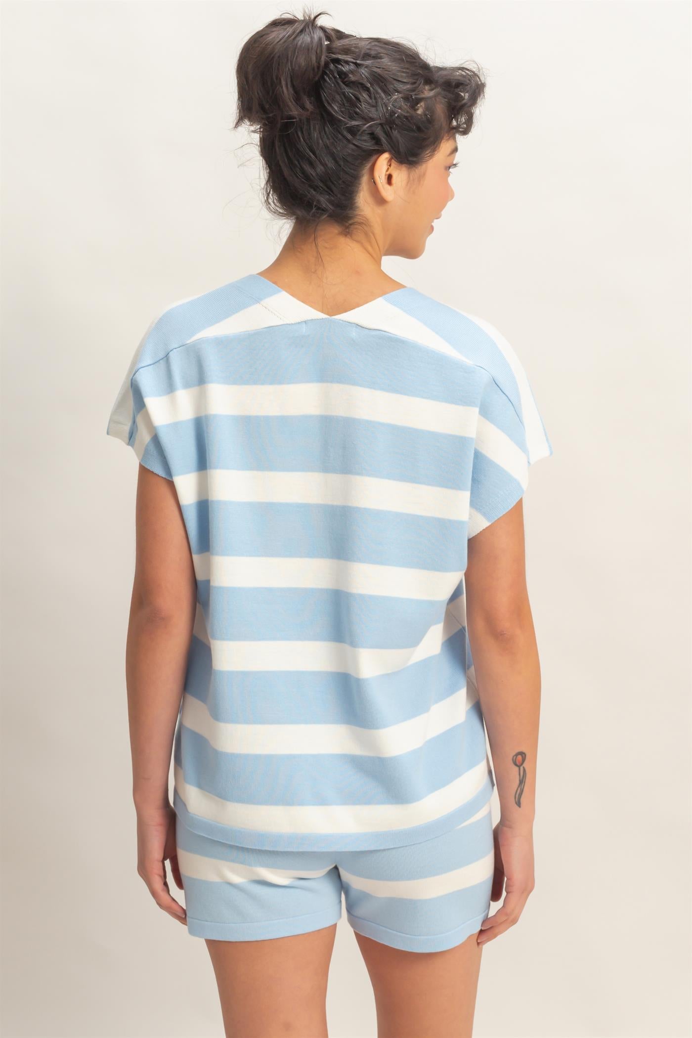 Wholesale V-Neck Top & Striped Shorts Set Clothing HF26A323-SET BLUE HYFVE