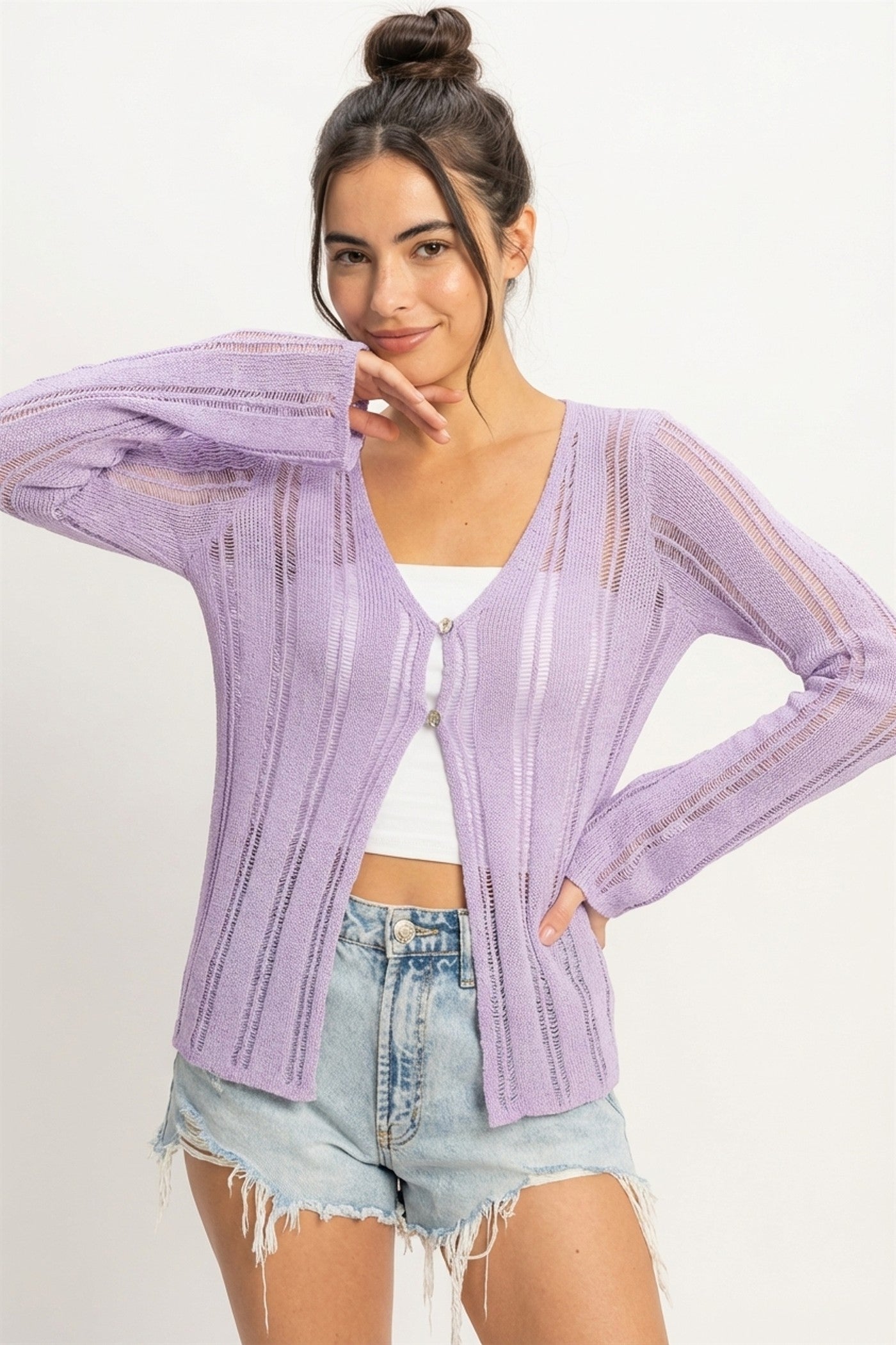 Wholesale Open Knit Cardigan Clothing Tops DZ24A501 LAVENDER DOUBLE ZERO