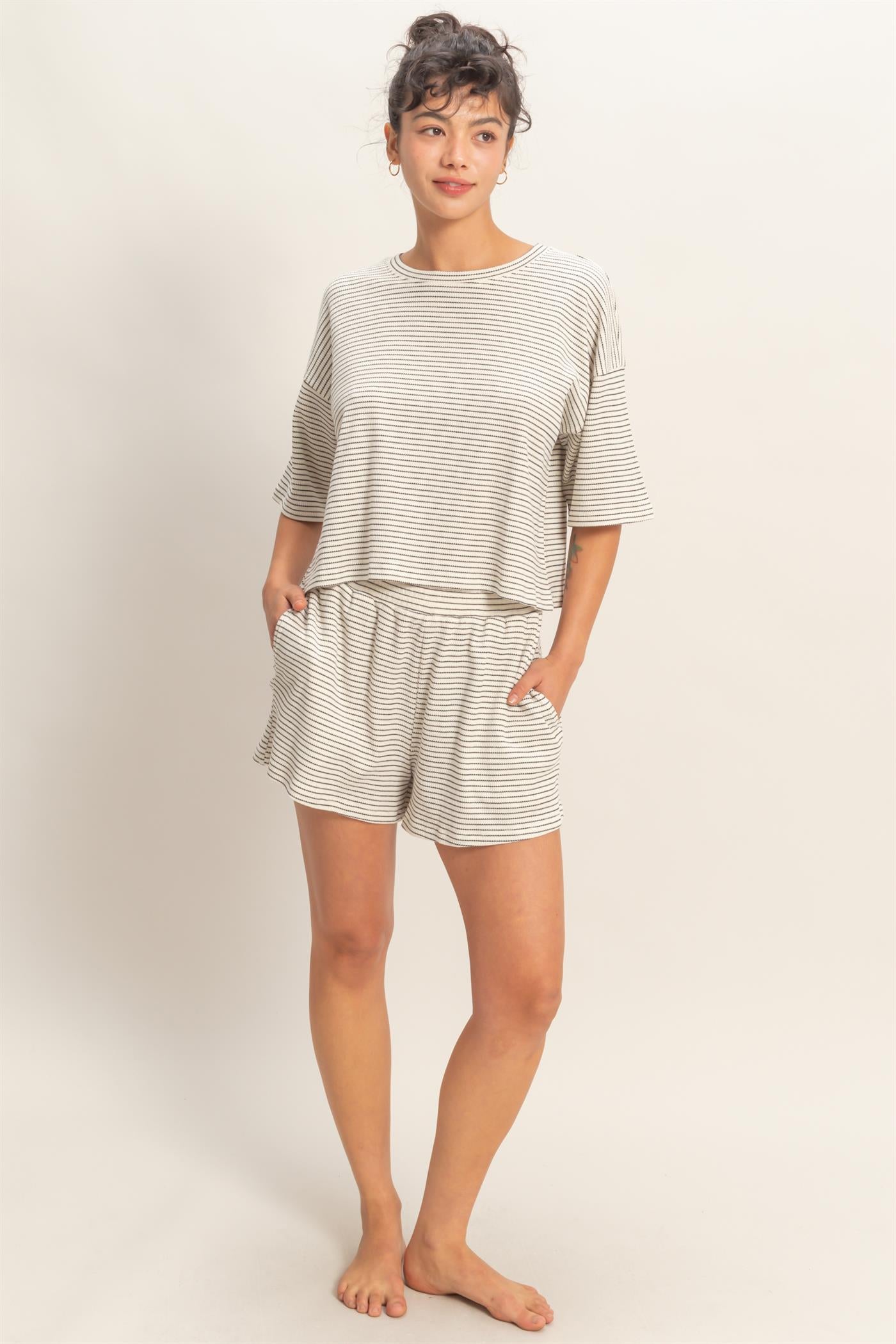 Wholesale Striped Round Neck Top & Shorts Set Clothing DZ26A045-SET CREAM DOUBLE ZERO