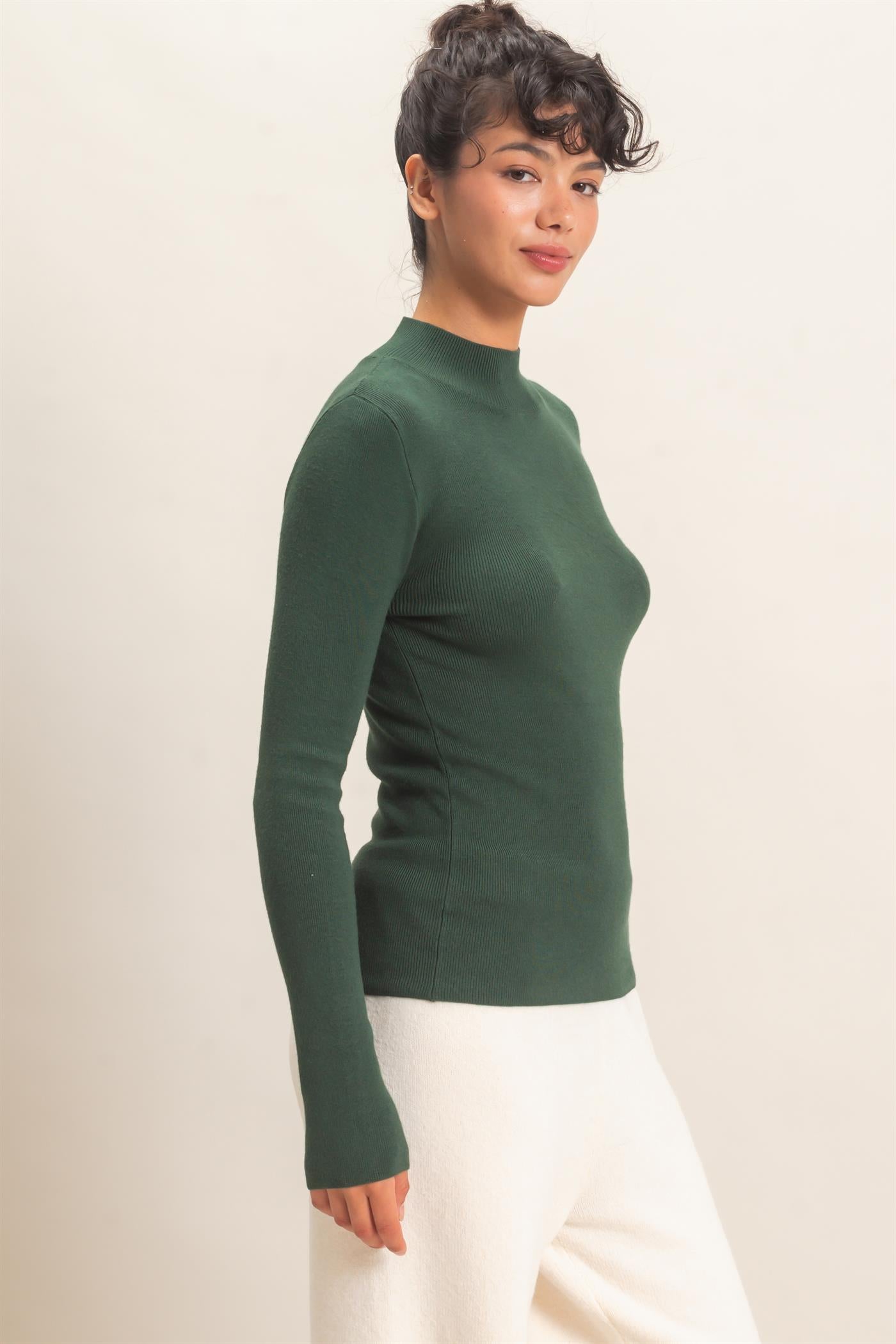Wholesale Ribbed Mock Neck Long Sleeve Knit Top Clothing Tops DZ26F201 DARK GREEN DOUBLE ZERO