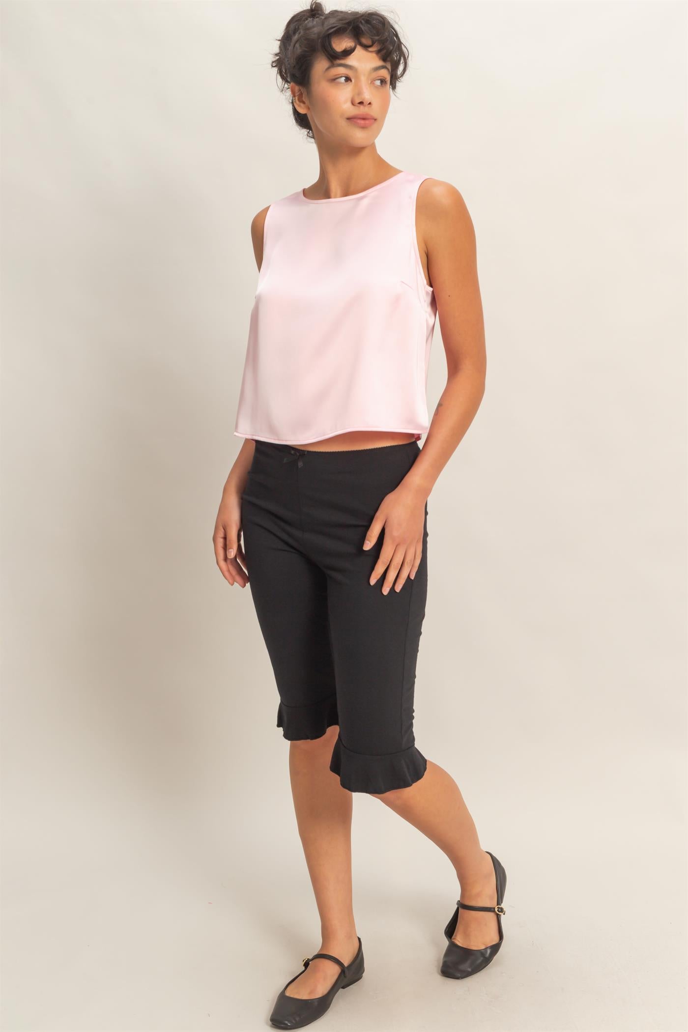 Wholesale Satin Sleeveless Round Neck Top With Back Keyhole Clothing Tops DZ26C084 SOFT PINK DOUBLE ZERO