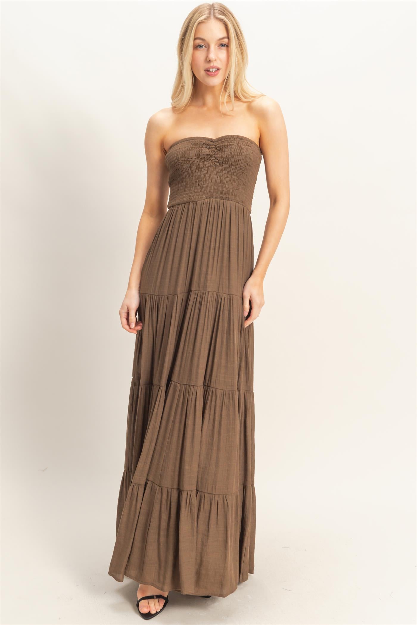 Wholesale Smocked Elastic Neck Maxi Dress Dresses HF26C284-D CHOCOLATE HYFVE