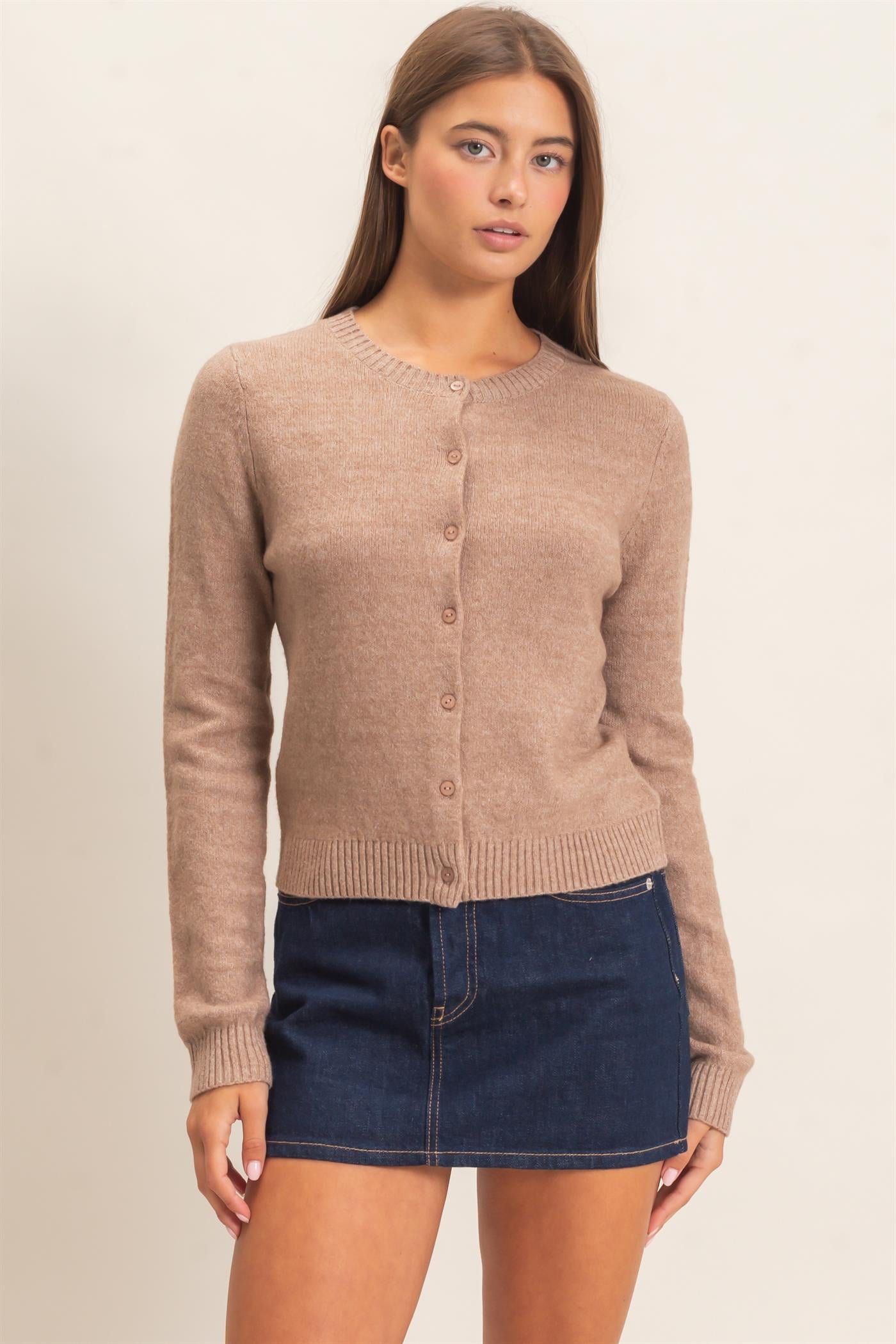 Wholesale Crew Neck Cardigan Cardigans DZ26E119 DARK TAUPE DOUBLE ZERO