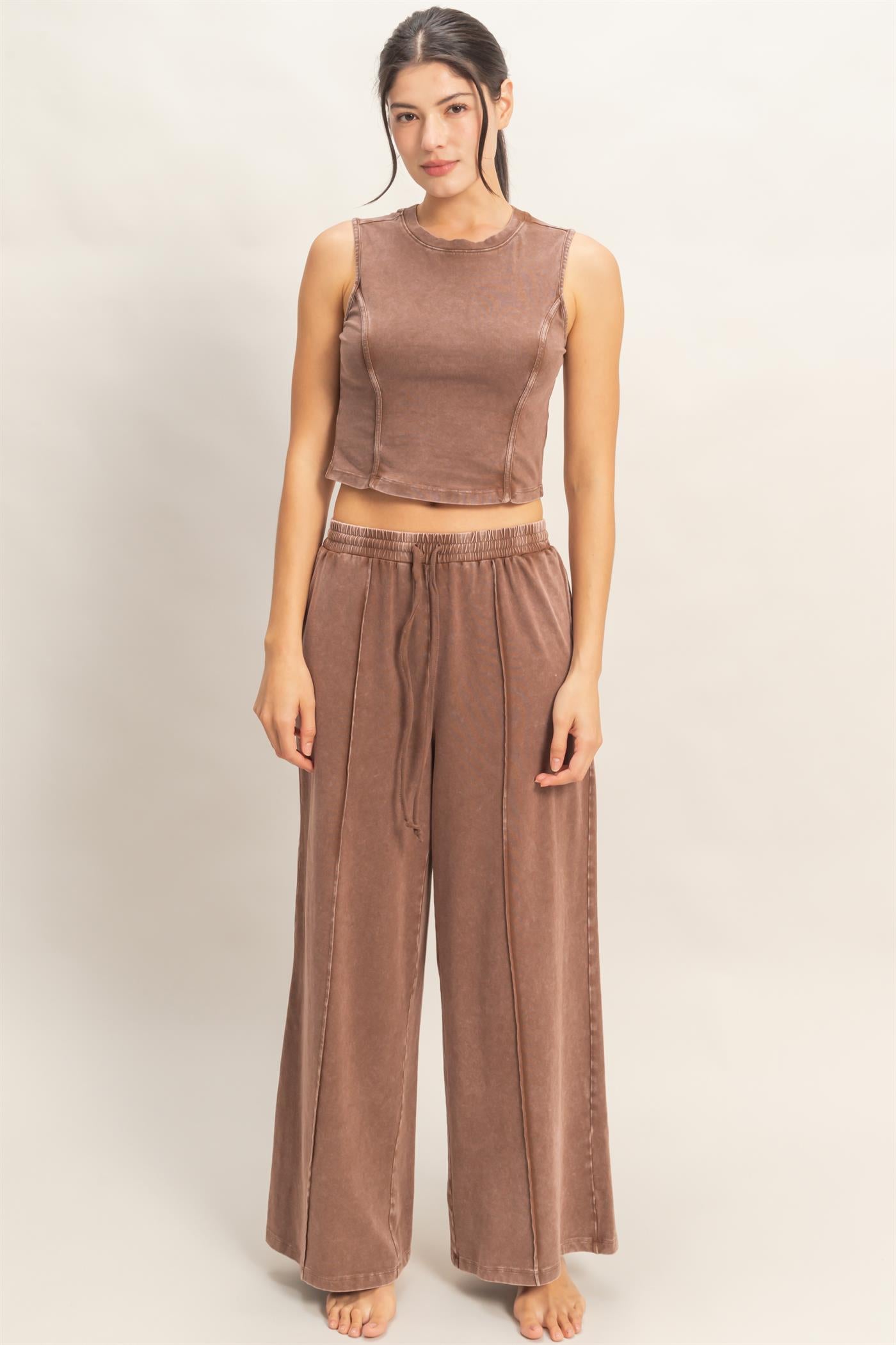 Wholesale Mineral Washed Sleeveless Top & Wide Leg Pants Set Clothing DZ26A371-SET CHOCOLATE DOUBLE ZERO