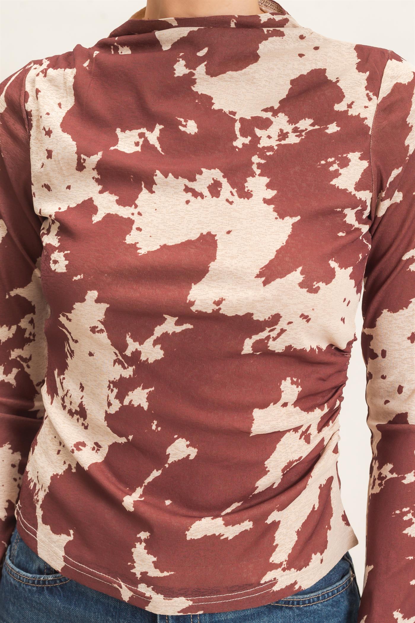Wholesale Asymmetrical Cow Print Top Clothing Tops HF26E799 BROWN HYFVE