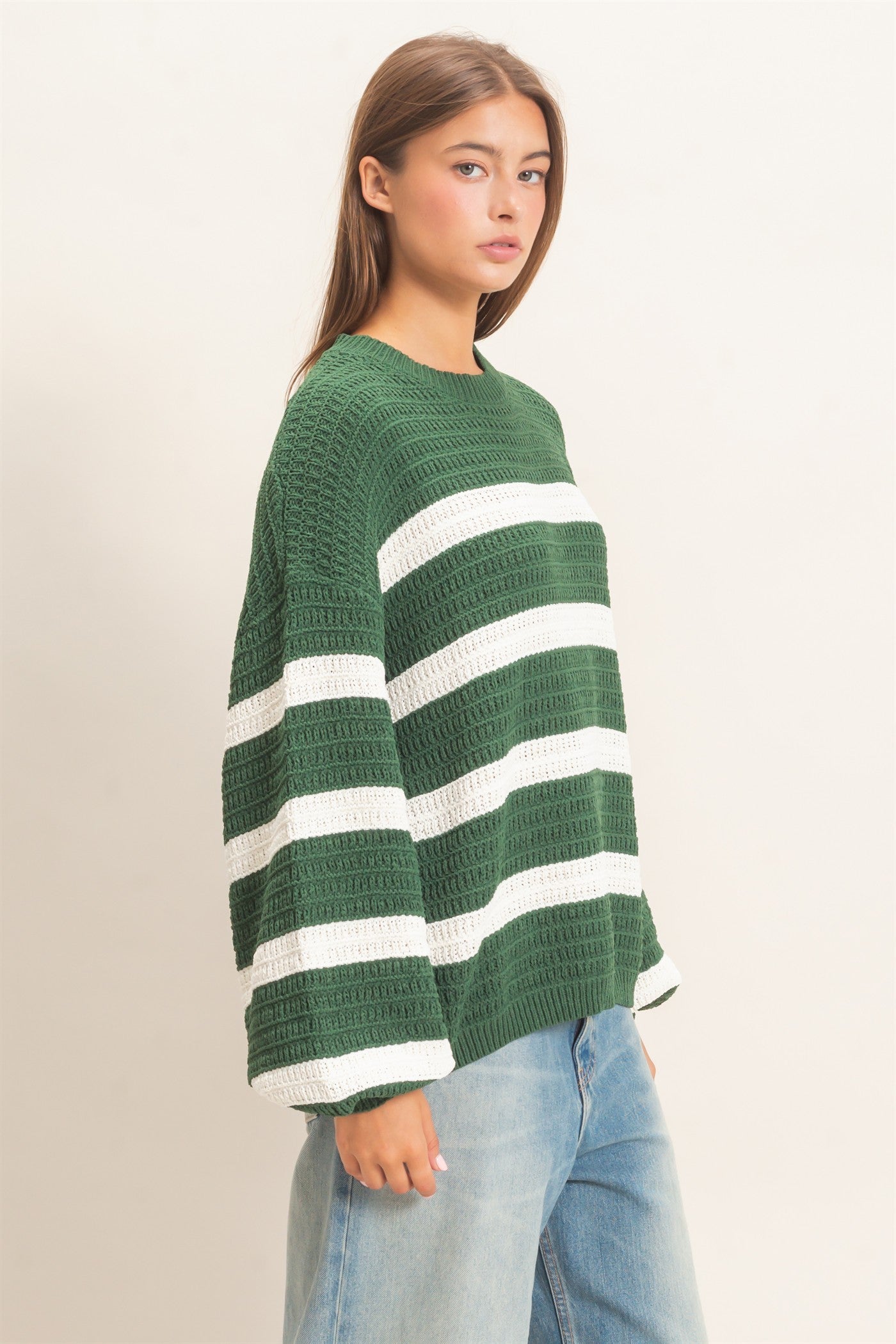 Wholesale Striped Oversized Sweater Sweaters DZ27A192 DARK GREEN DOUBLE ZERO