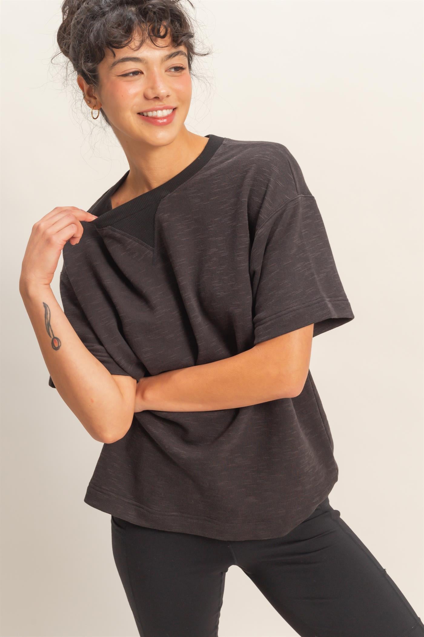 Wholesale Crew Neck Short Sleeve Top Clothing Tops DZ26A891 BLACK DOUBLE ZERO