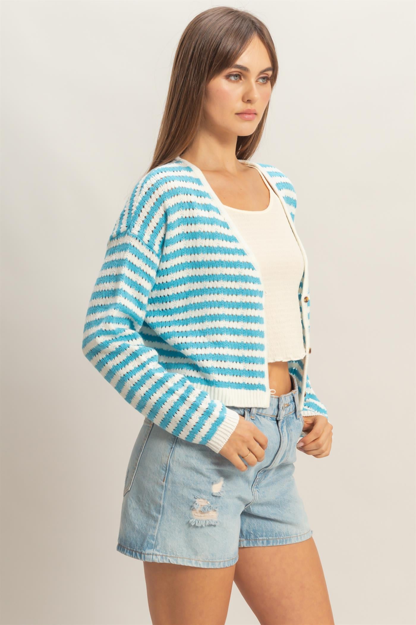 Wholesale Striped V-Neck Cardigan Cardigans HF26A174 BLUE HYFVE