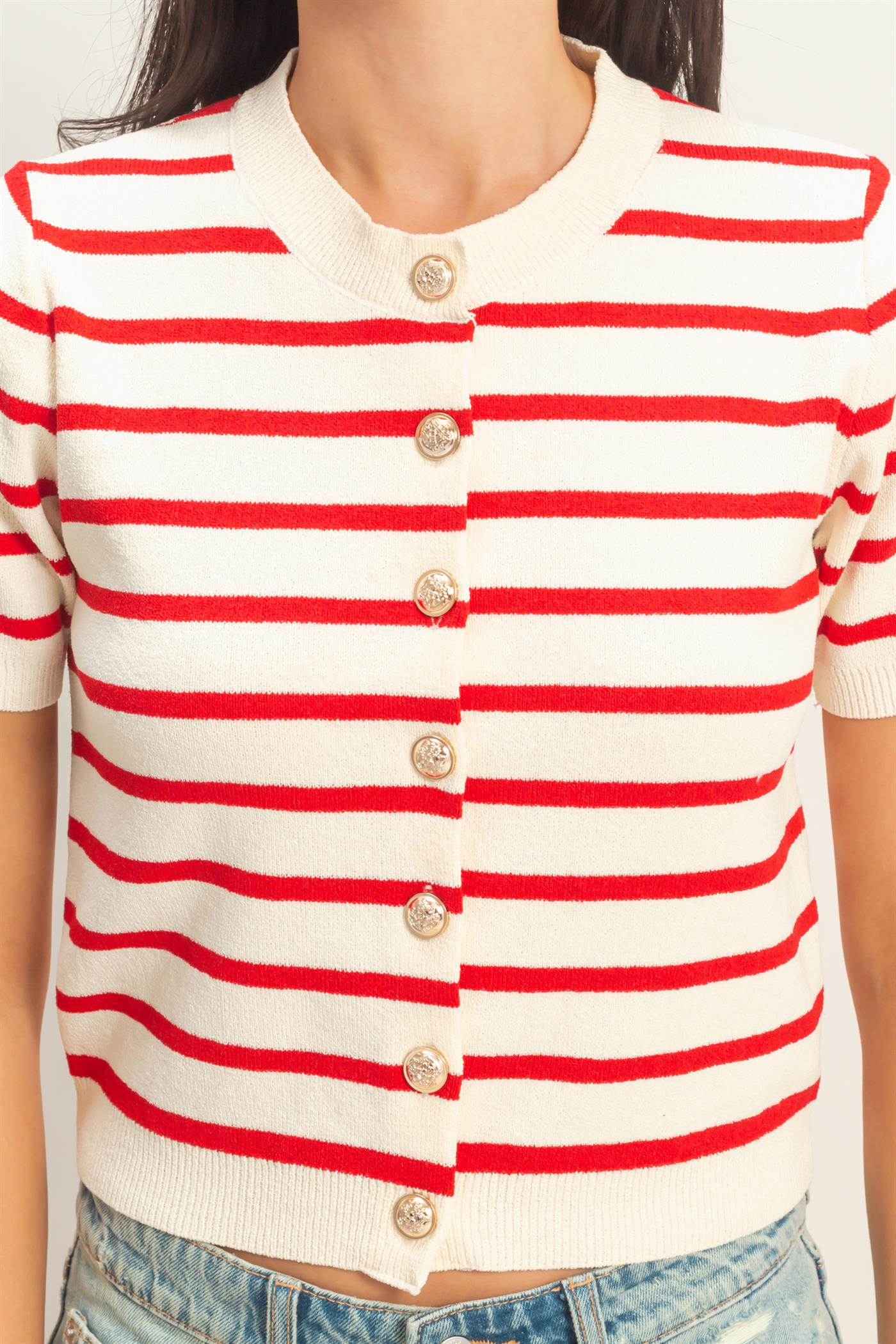 Wholesale Striped Short Sleeve Button Up Cardigan Cardigans DZ26A604 RED DOUBLE ZERO