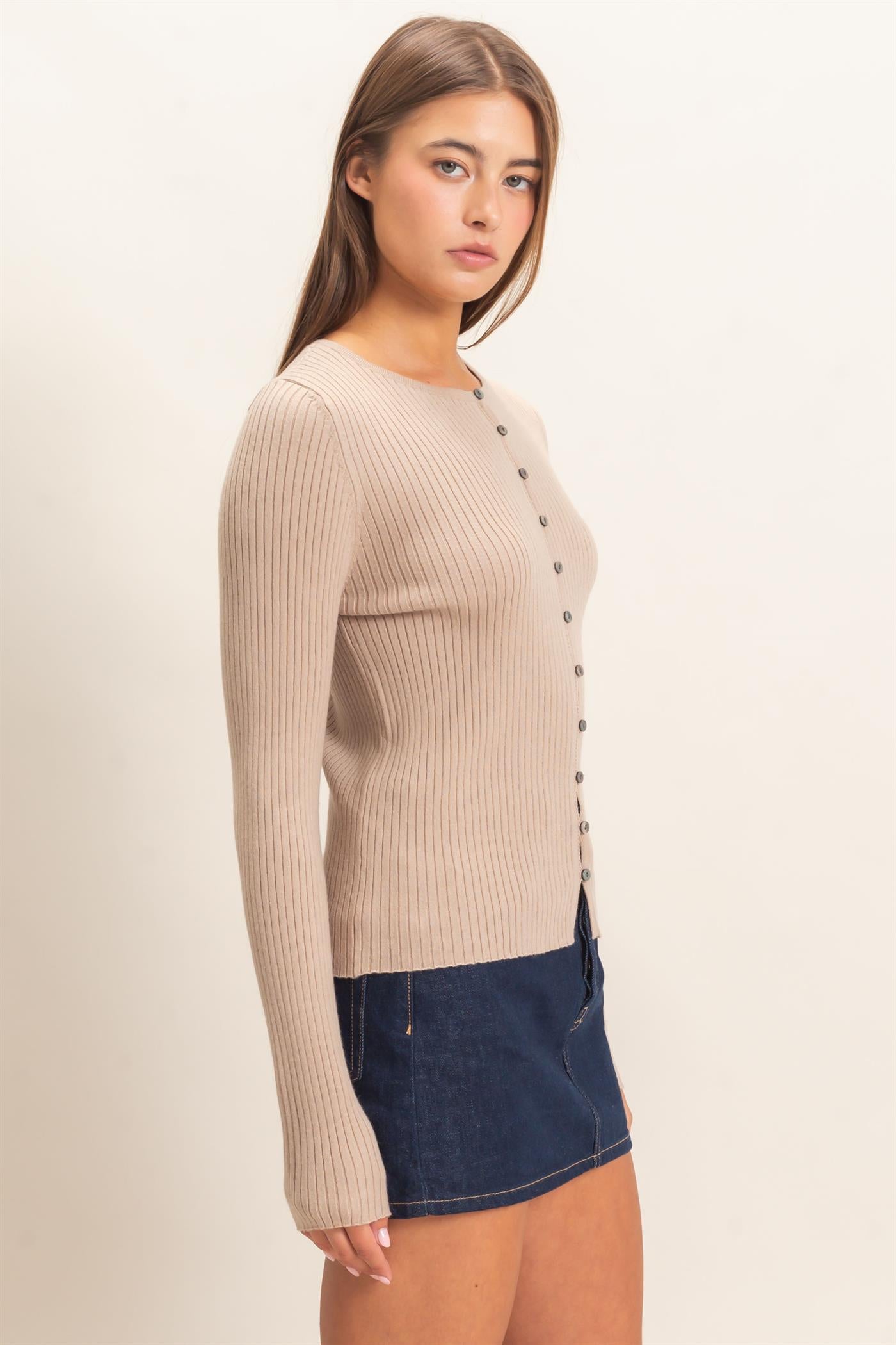 Wholesale Ribbed Button Front Cardigan Cardigans DZ26E322 TAUPE DOUBLE ZERO