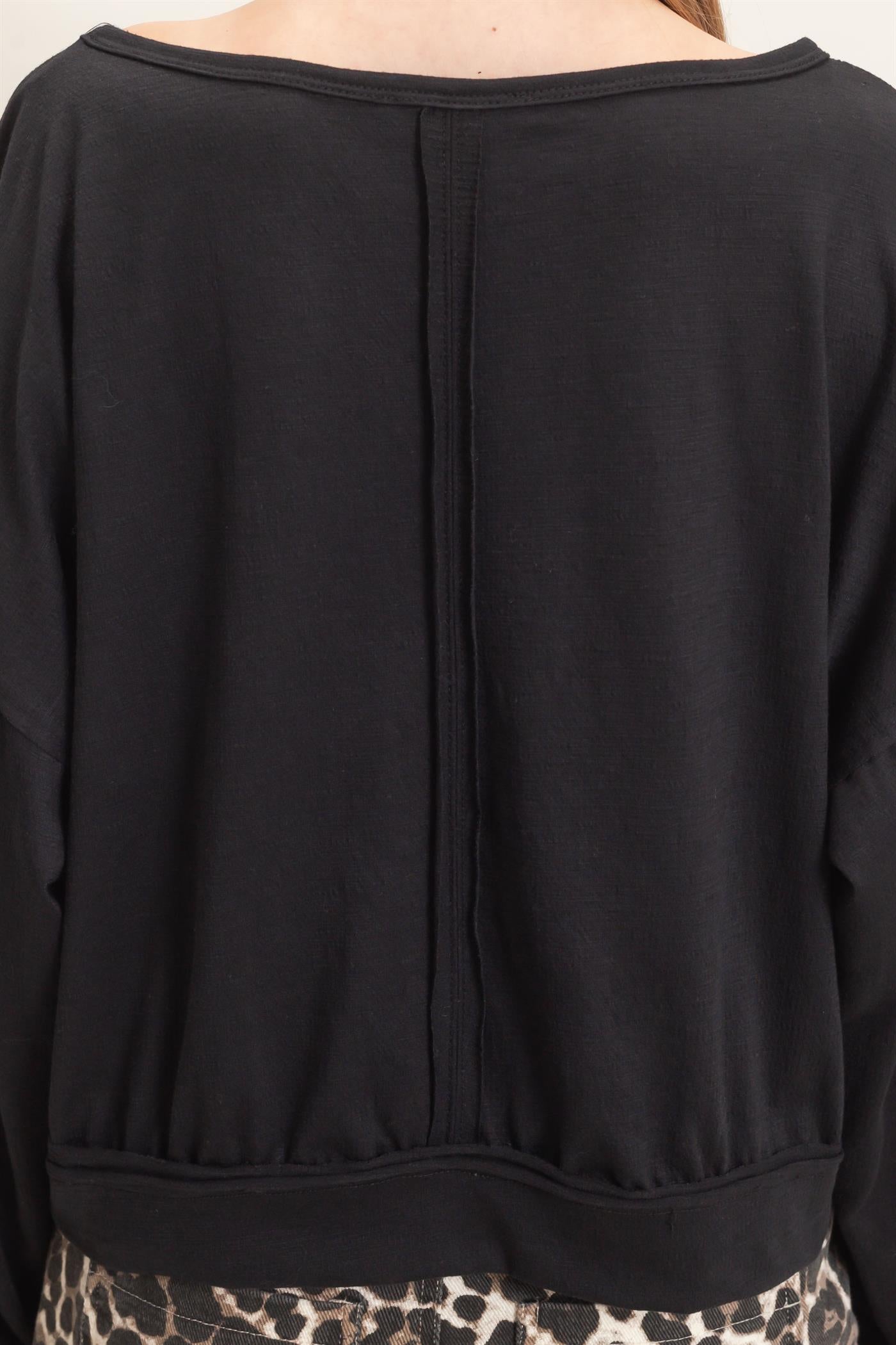 Wholesale Relaxed Boat Neck Long Sleeve Top Clothing Tops HF25F340 BLACK HYFVE
