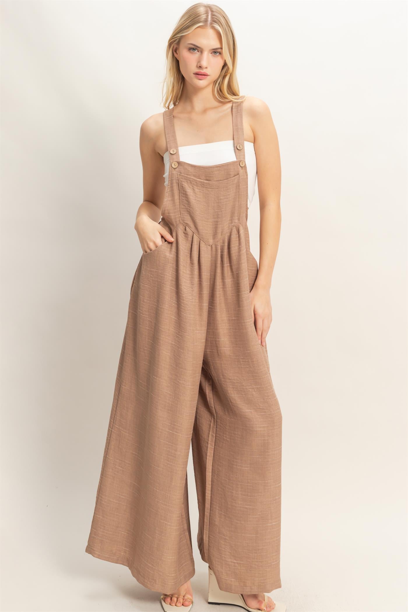 Wholesale Wide Leg Overall Jumpsuit Clothing HF26C322 L.BROWN HYFVE