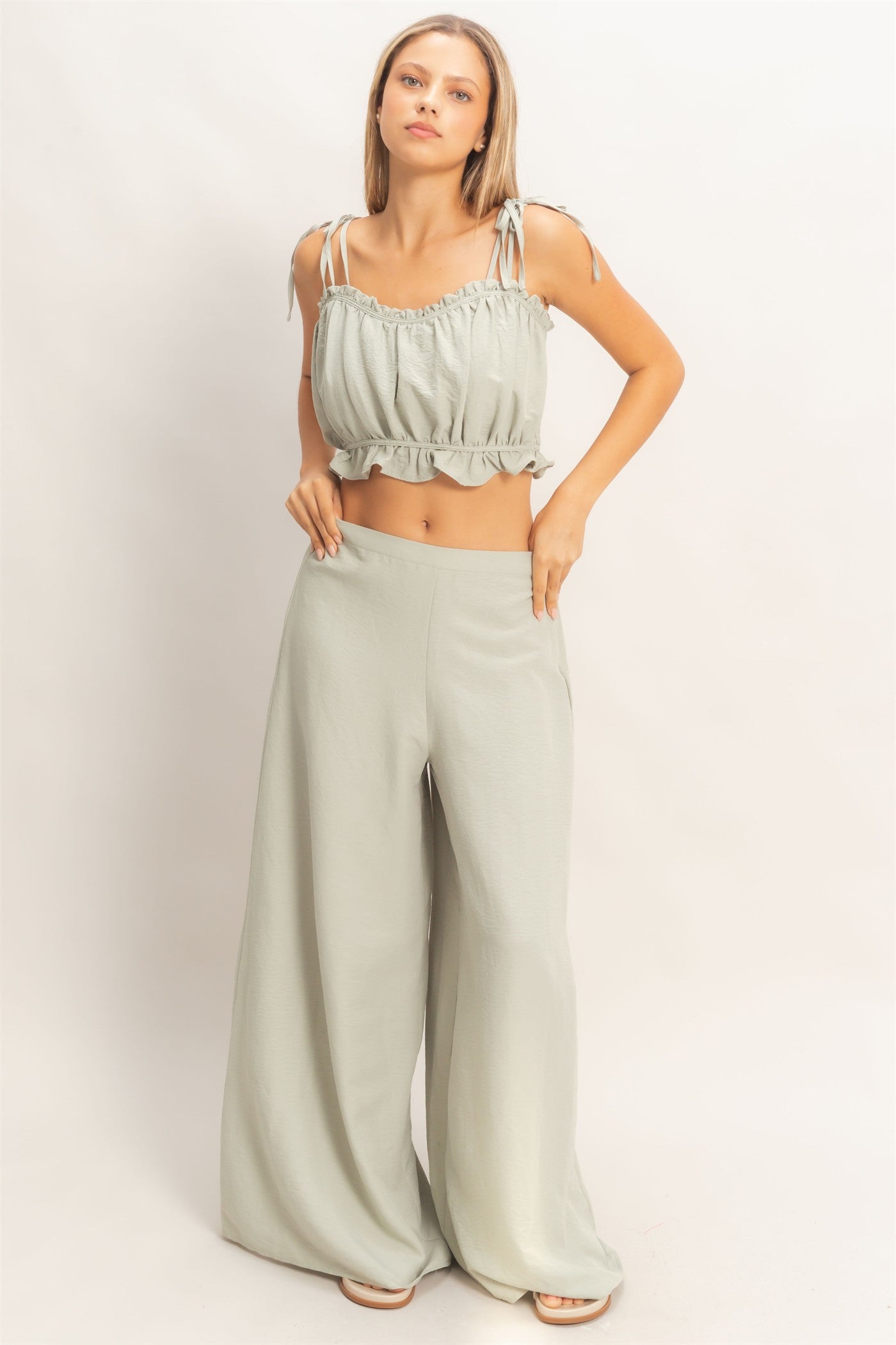 Wholesale Ruffle Smocked Bust Top & Wide Pants Clothing HF26A502-SET-D SAGE HYFVE