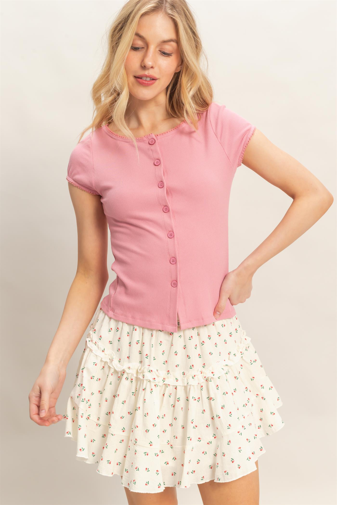 Wholesale Scalloped Button Front Top Clothing Tops HF26C607 ROSE PINK HYFVE