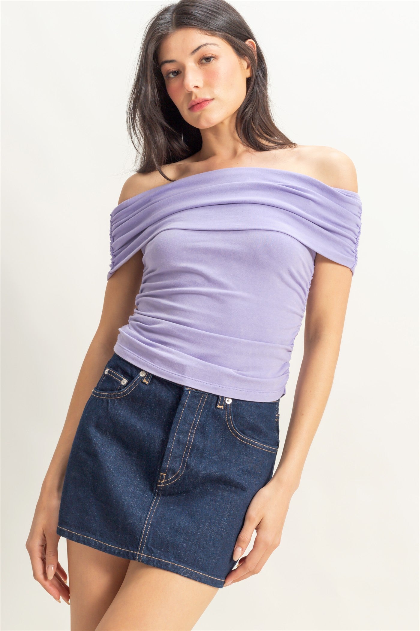 Wholesale Off-The-Shoulder Side Ruched Top Clothing Tops DZ25C848 WISTERIA DOUBLE ZERO
