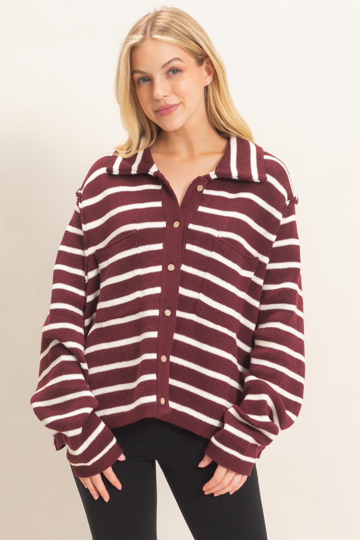 Wholesale Striped Button Front Cardigan Sweaters HF26F197 WINE HYFVE