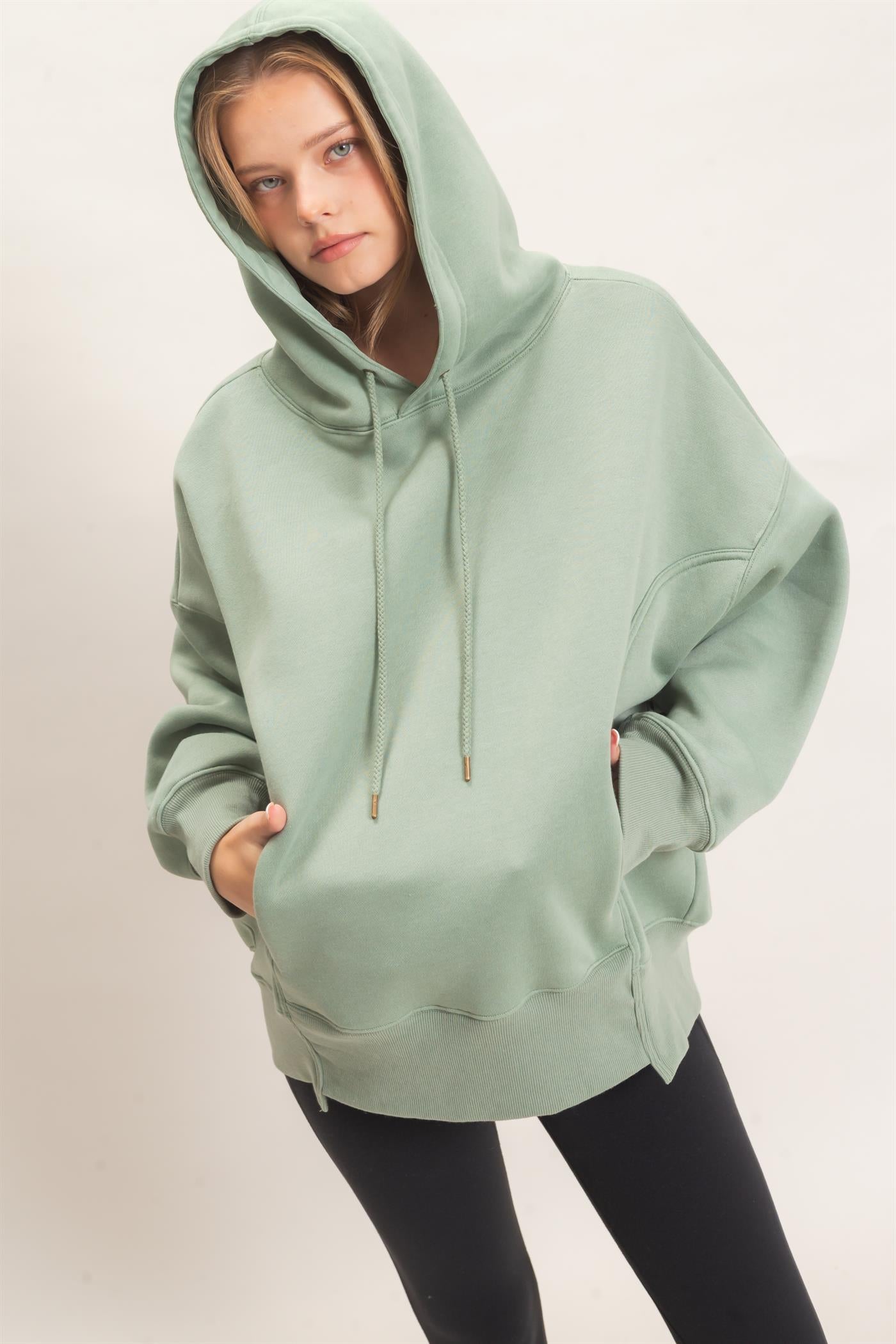 Wholesale Enzyme Wash Drop Shoulder Hoodie Hoodies HF26E235 SAGE HYFVE