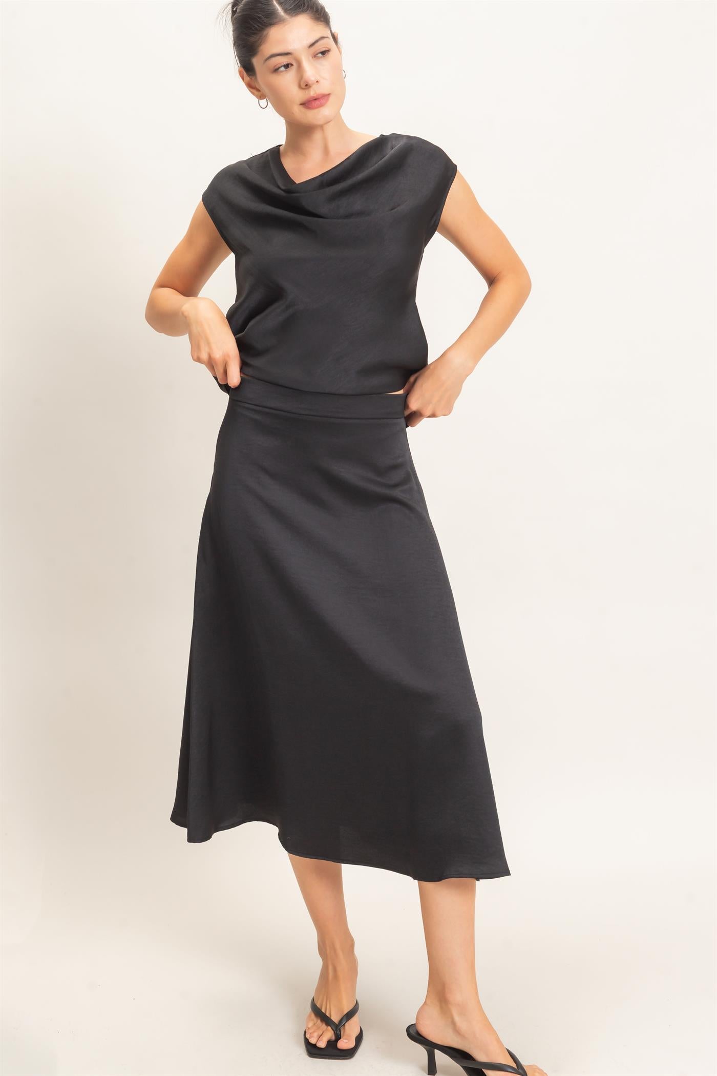 Wholesale Satin Cowl Neck Top And Skirt Set Clothing HF26C690-SET BLACK HYFVE