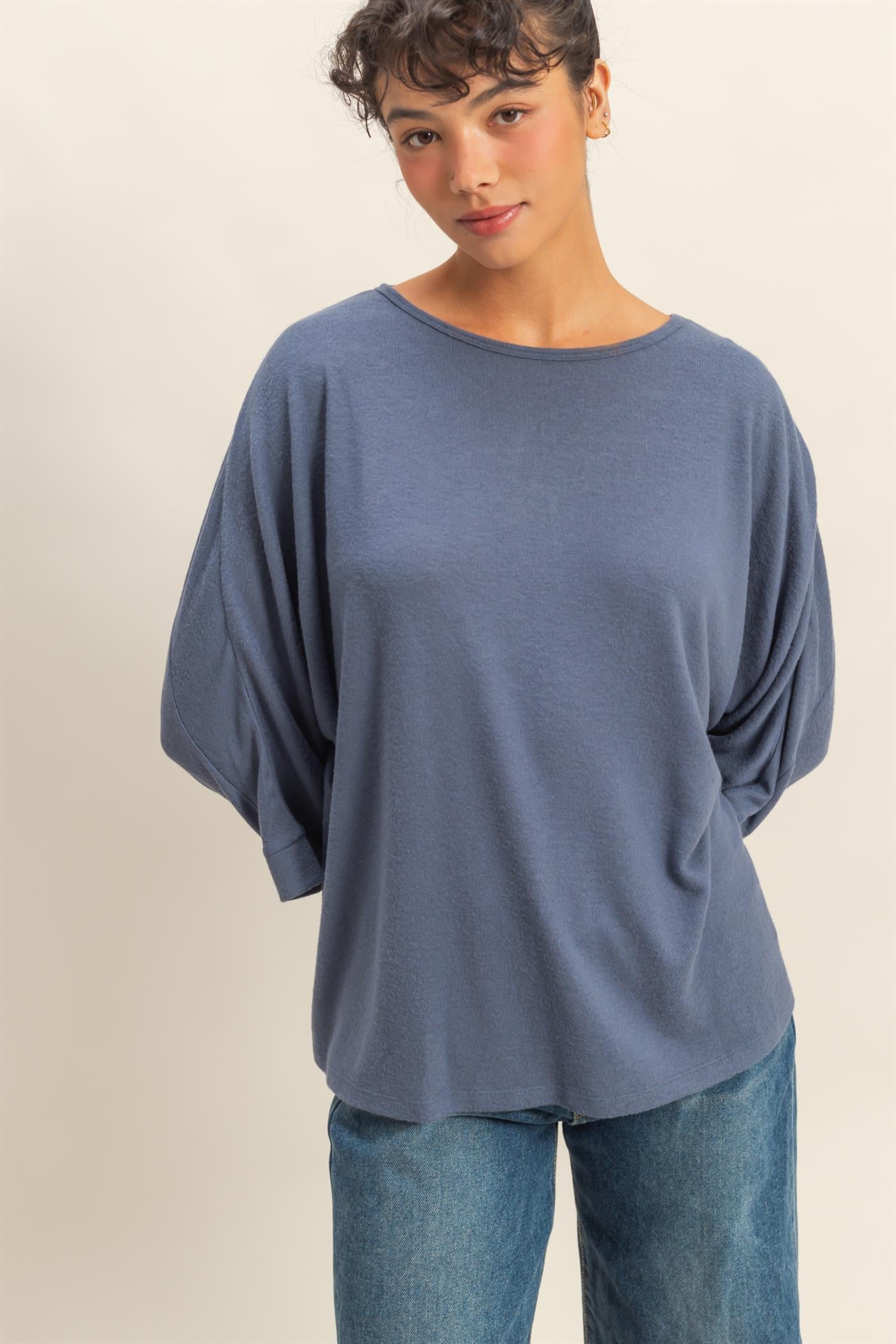 Wholesale Batwing 3/4 Sleeve Oversized Top Clothing Tops DZ25E133 DUSTY NAVY DOUBLE ZERO