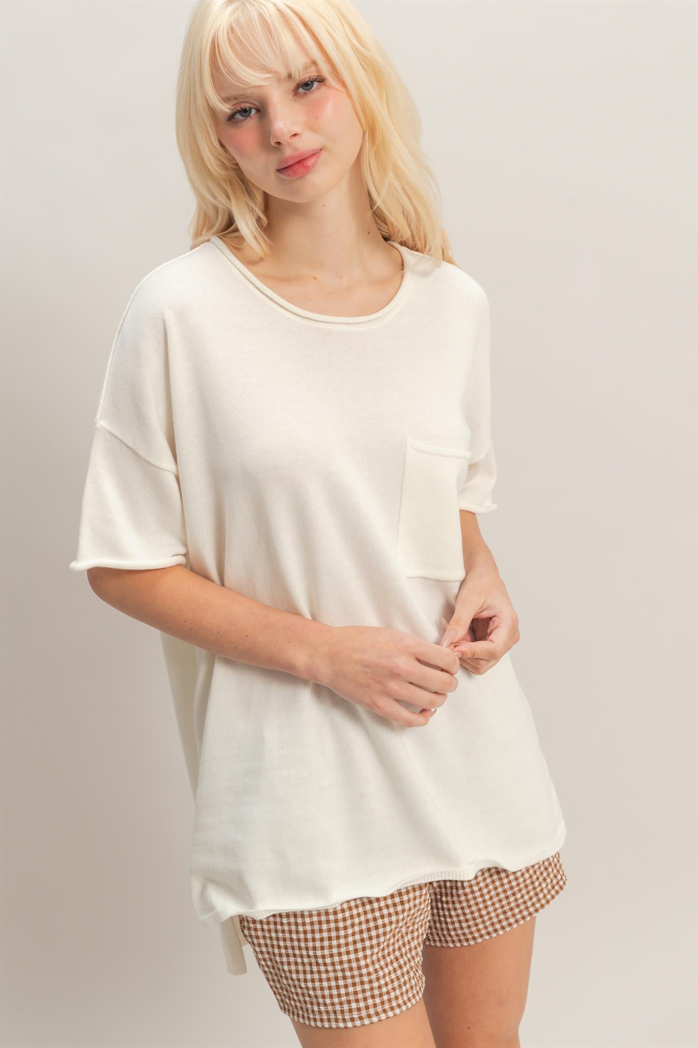 Wholesale Oversized Short Sleeve Round Neck Pocket Knit Top Clothing Tops DZ26A691 WHIP CREAM DOUBLE ZERO