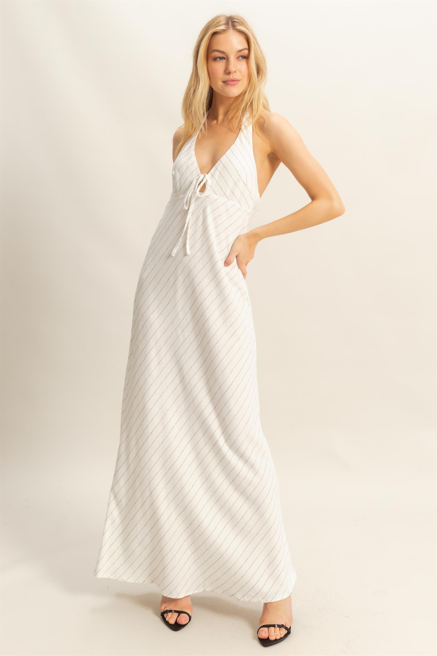 Wholesale Striped Halter Neck Linen Maxi Dress Dresses HF25C373 WHITE HYFVE