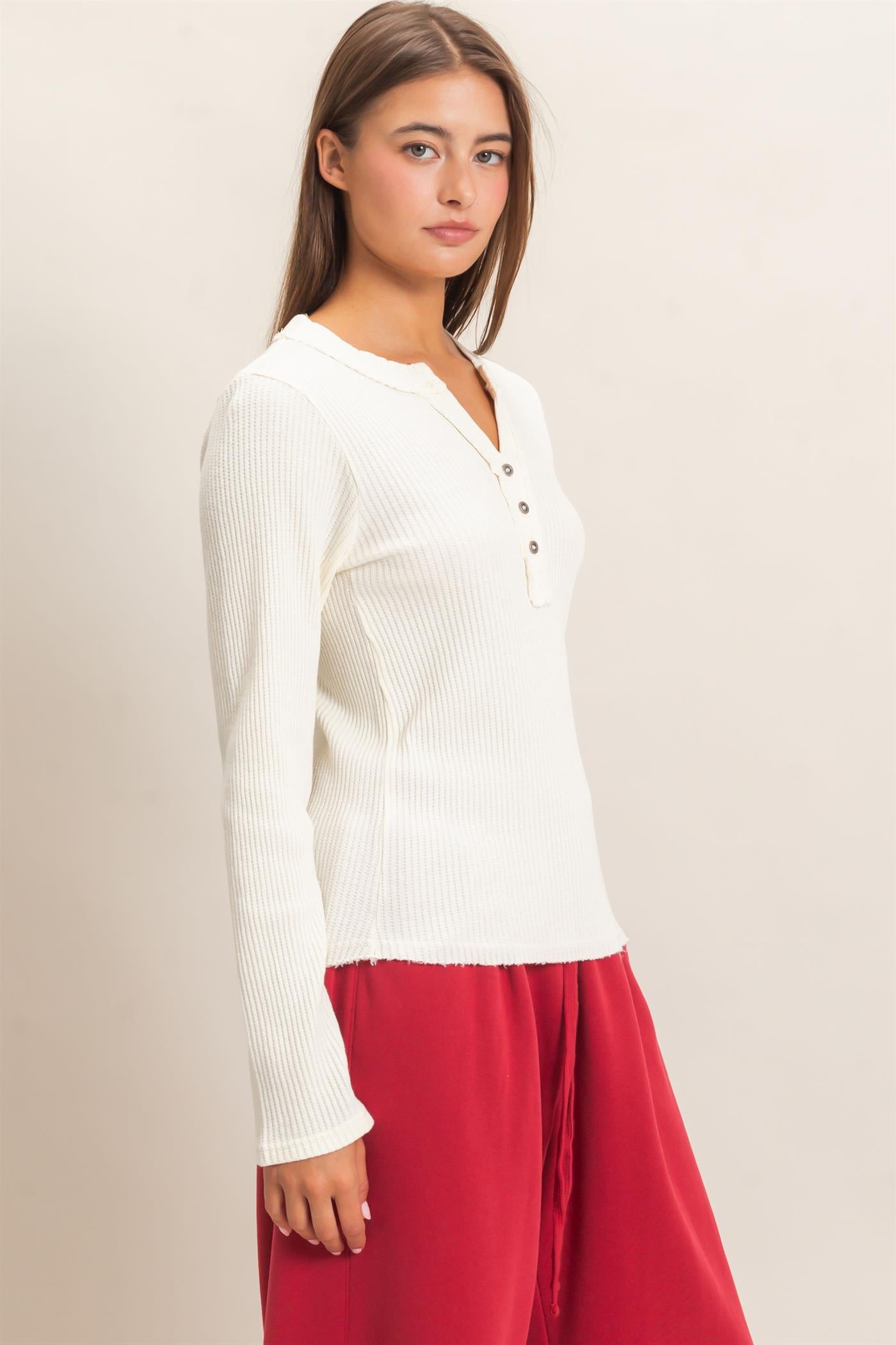 Wholesale Mineral Wash Waffle Henley Long Sleeve Top Clothing Tops DZ26E243 CREAM DOUBLE ZERO