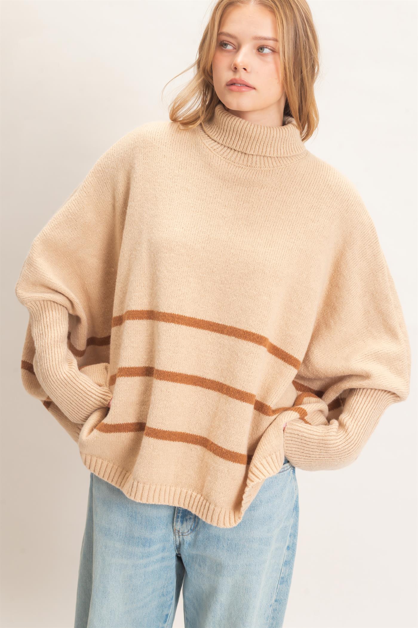 Wholesale Striped Turtleneck Poncho Sweater Sweaters HF26F194 L.TAUPE HYFVE