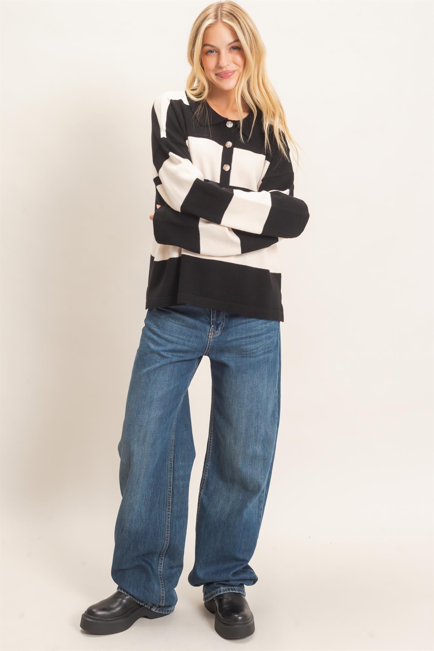 Wholesale Striped Button-Up Sweater Sweaters HF26F198 BLACK HYFVE