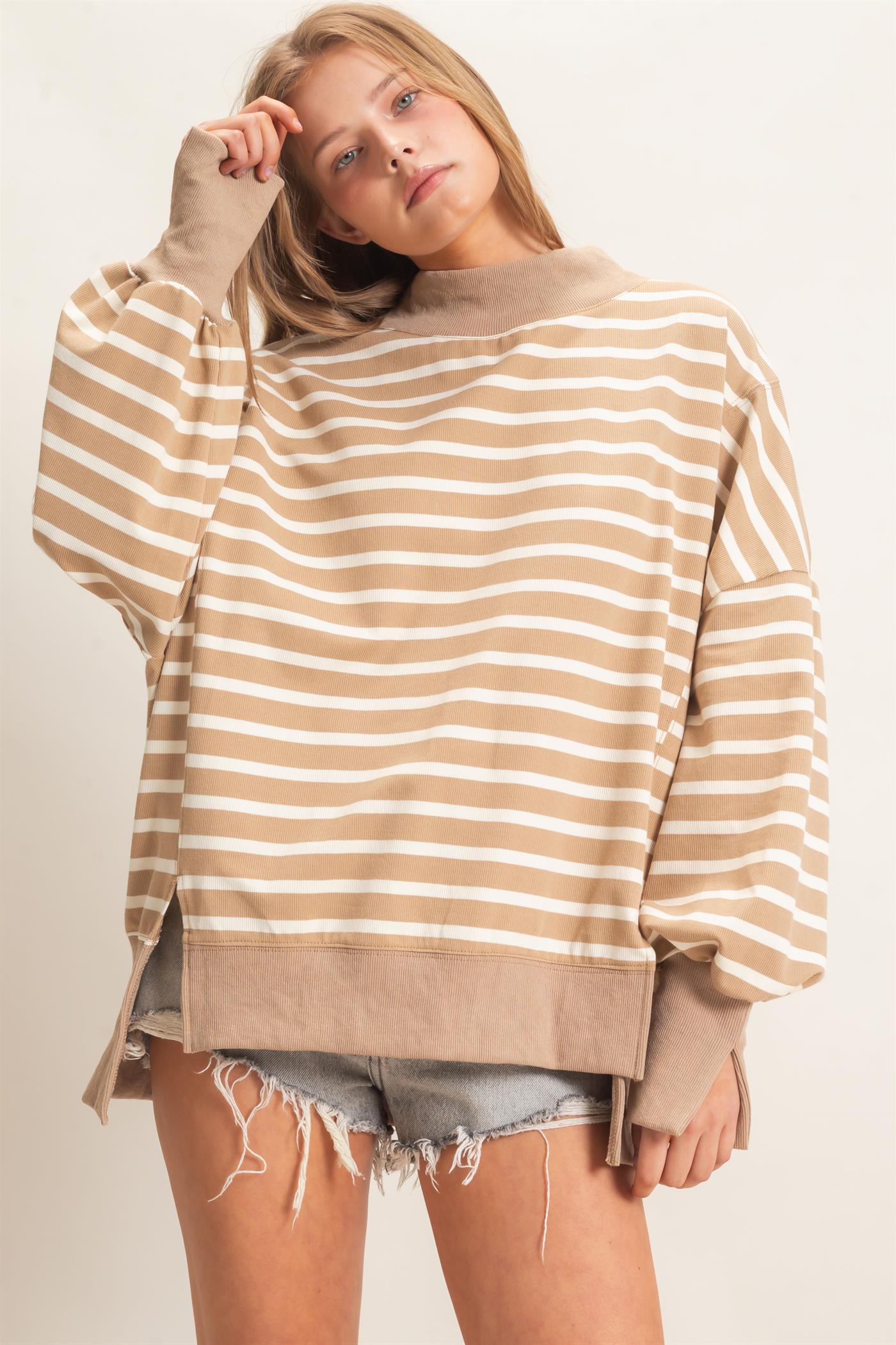 Wholesale Striped Mock Neck Sweatshirt Sweatshirts HF27A178-D TAUPE/CREAM HYFVE