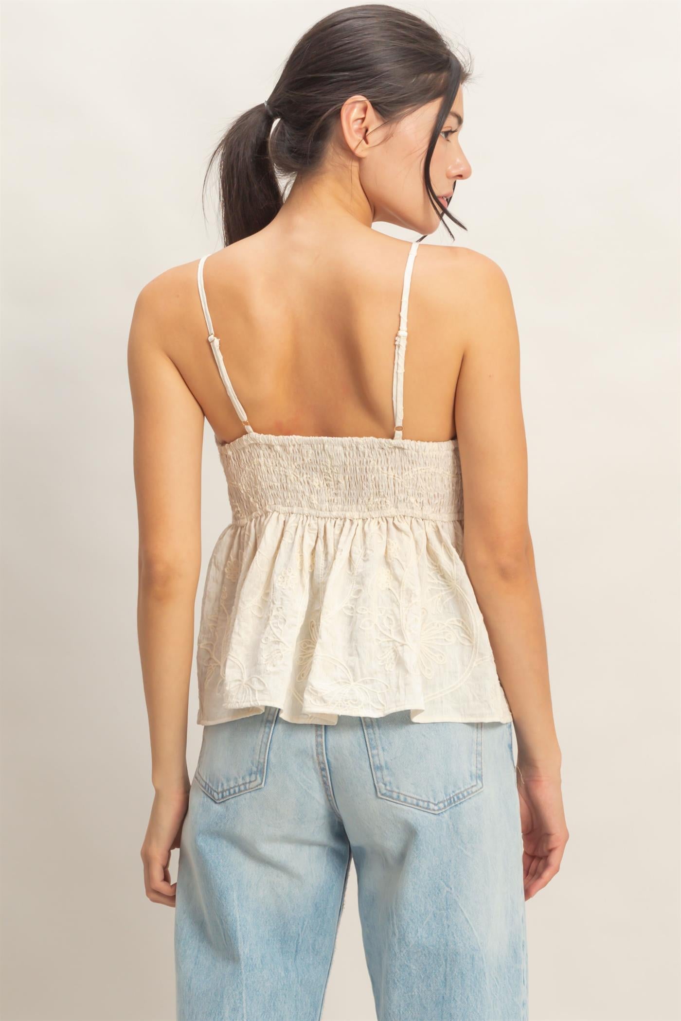 Wholesale Embroidered V-Neck Smocked Top Clothing Tops HF26E390-D CREAM HYFVE