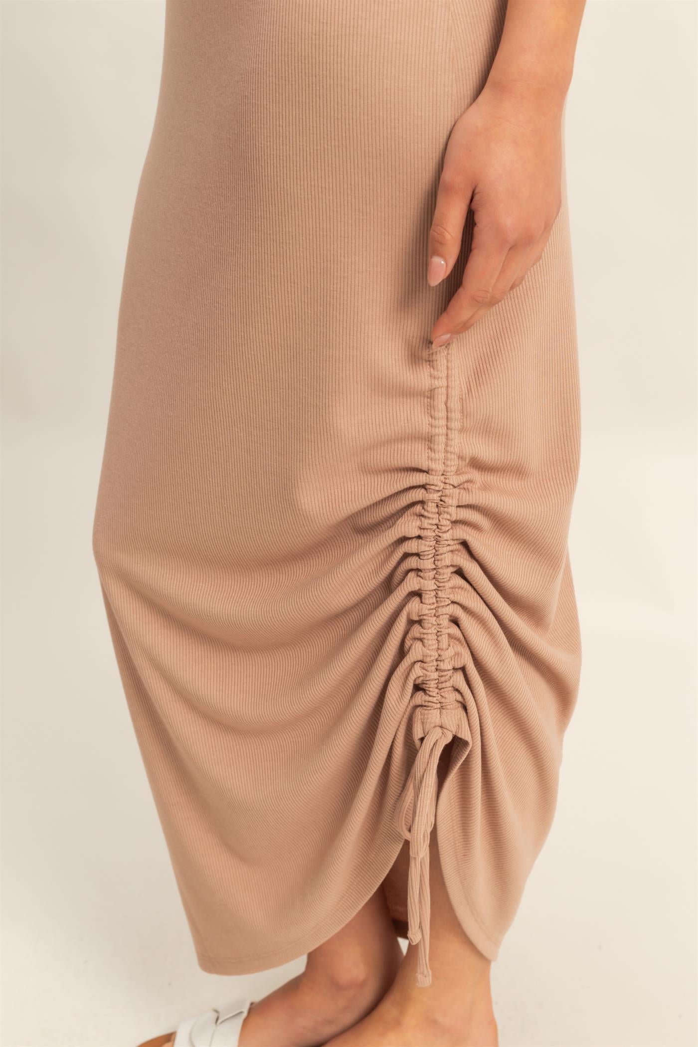Wholesale Scoop Neck Side Tie Detail Midi Dress Dresses DZ25C152 DARK TAUPE DOUBLE ZERO