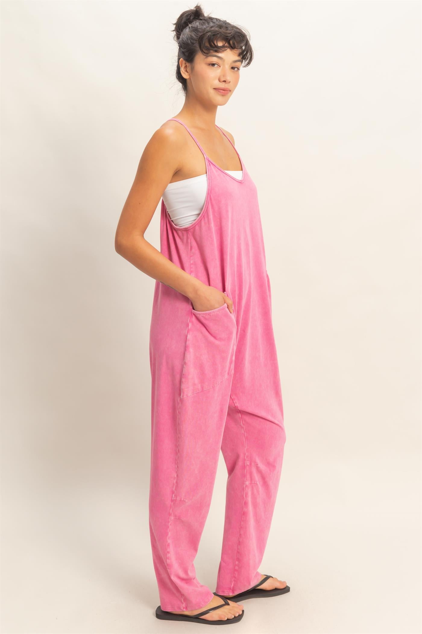 Wholesale Mineral Wash Spaghetti Strap Jumpsuit Clothing DZ26C375 FUCHSIA DOUBLE ZERO