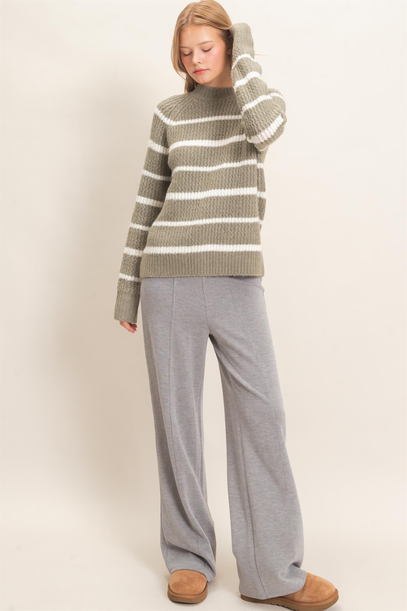 Wholesale Textured Striped Mock Neck Sweater Sweaters HF26E765 OLIVE HYFVE
