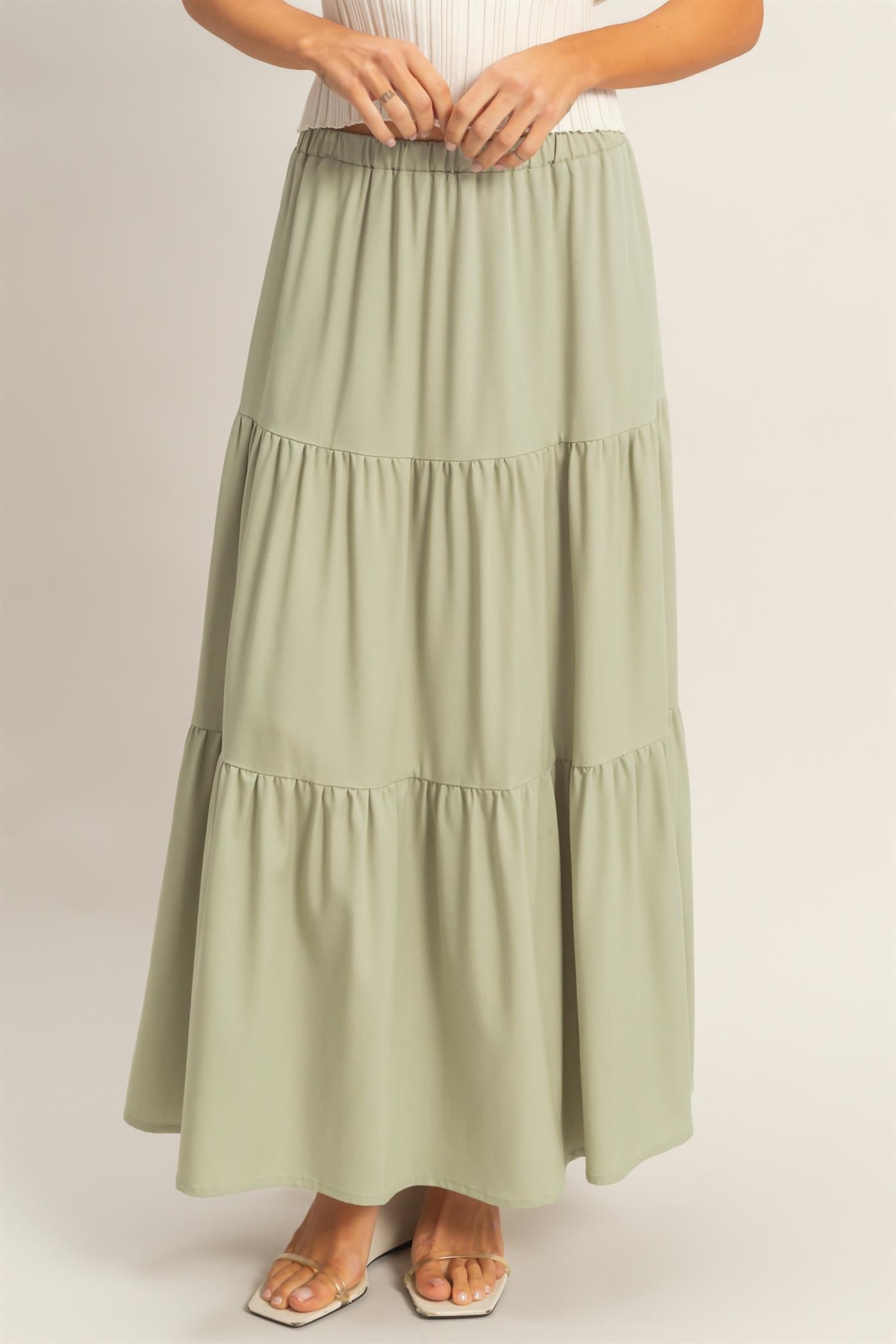 Wholesale Elastic Waist 3-Tier Skirt Skirts HF26E340-D SAGE HYFVE