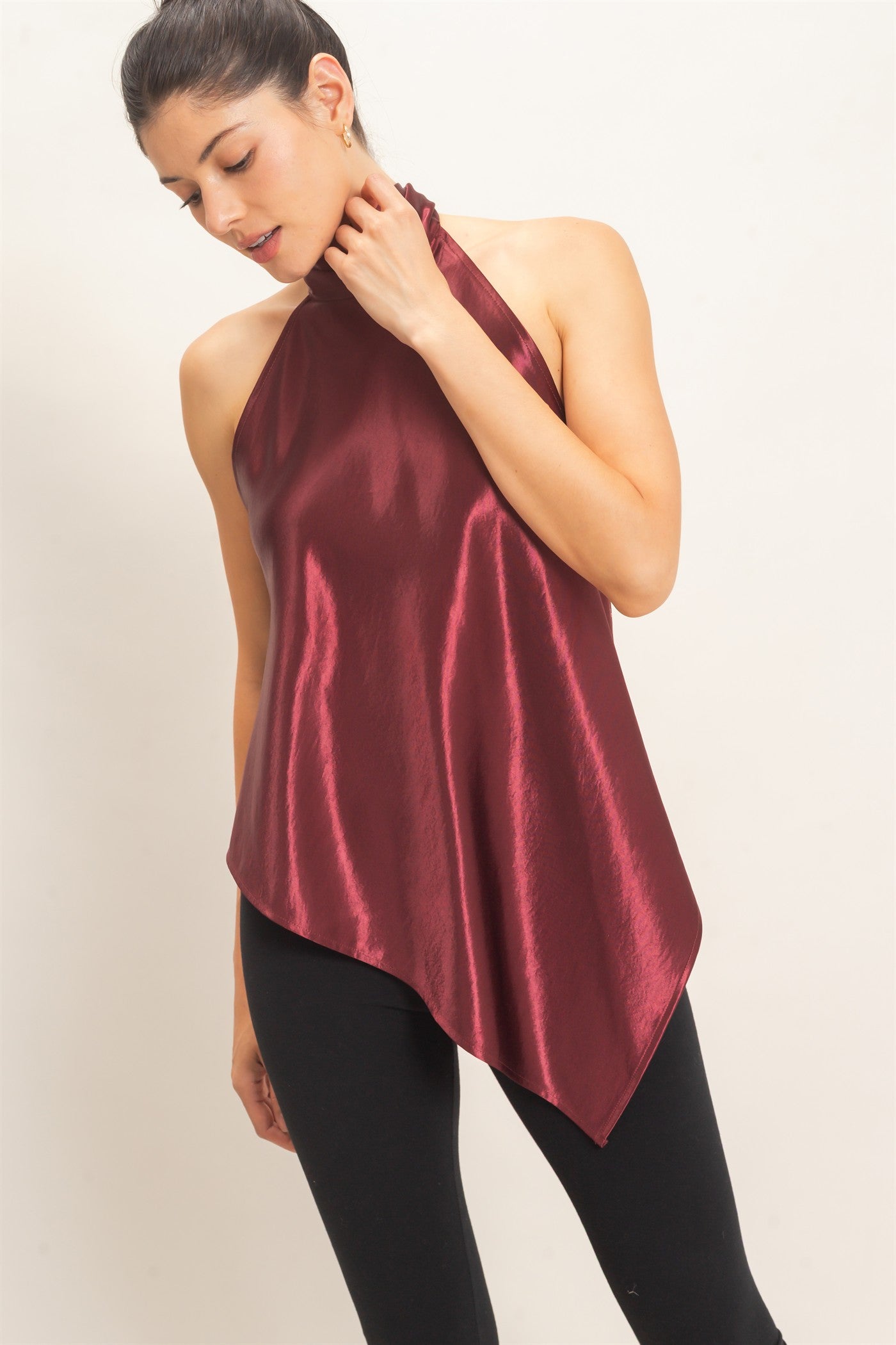 Wholesale Asymmetrical Satin Halter Top Blouses HF26F114 WINE HYFVE