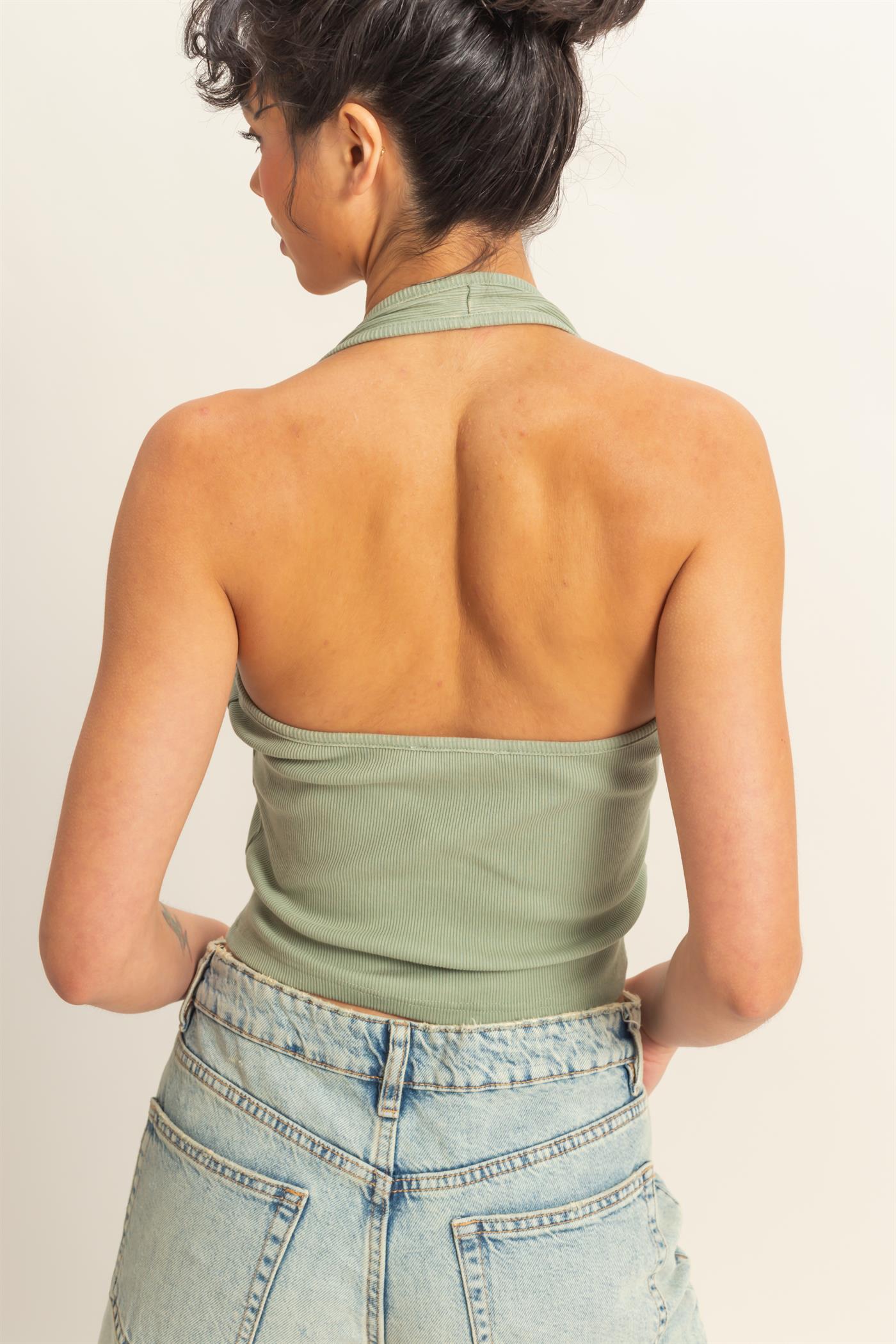 Wholesale Halter Neck Buttoned Washed Tank Top Clothing Tops DZ25A293 SAGE GREEN DOUBLE ZERO