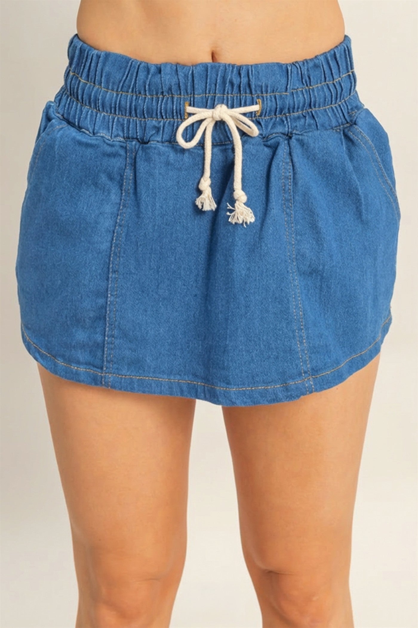 Wholesale Drawstring Waist Denim Skort Skorts HF26A382 MEDIUM DENIM HYFVE