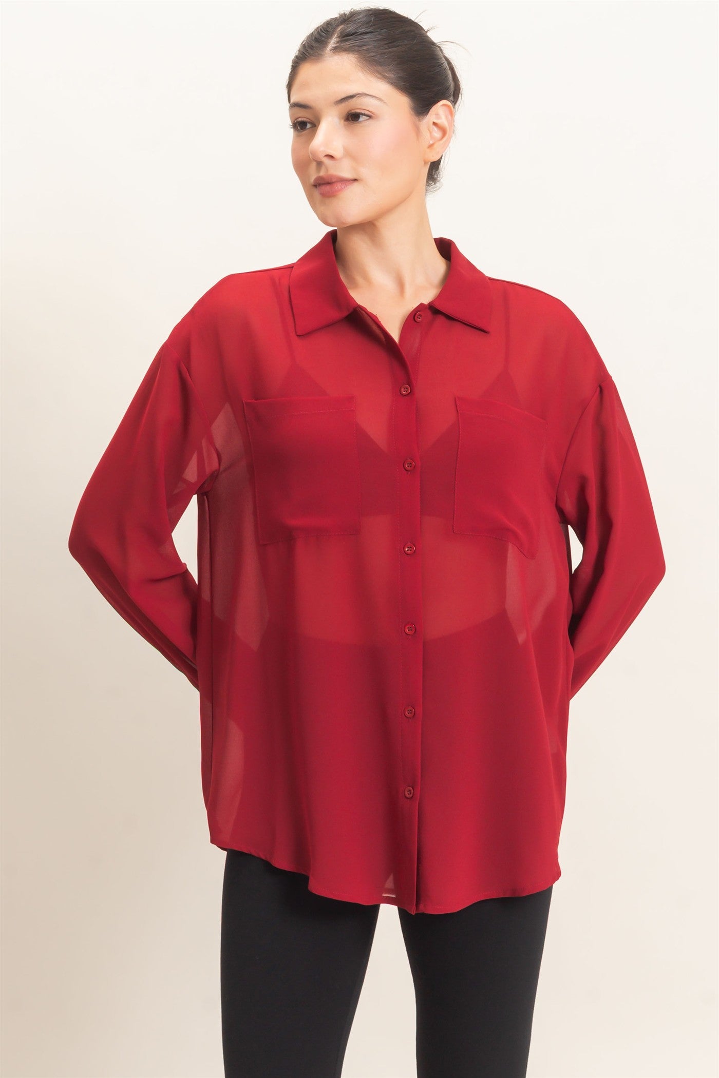Wholesale Button-Down Collar Blouse Shirts HF26F067 BURGUNDY HYFVE