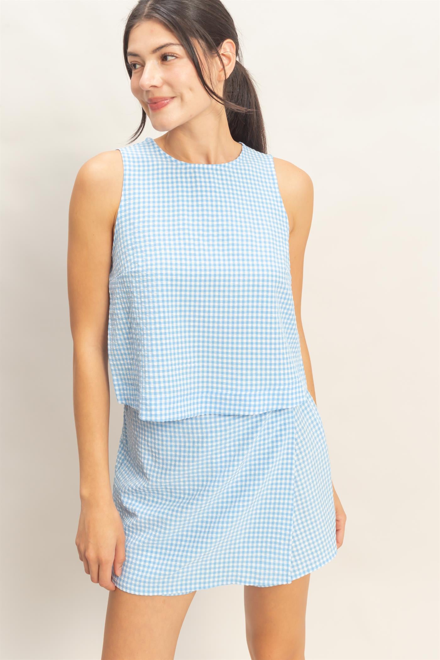 Wholesale Gingham Checkered Sleeveless Top And Skort Set Clothing DZ26C688-SET BLUE DOUBLE ZERO