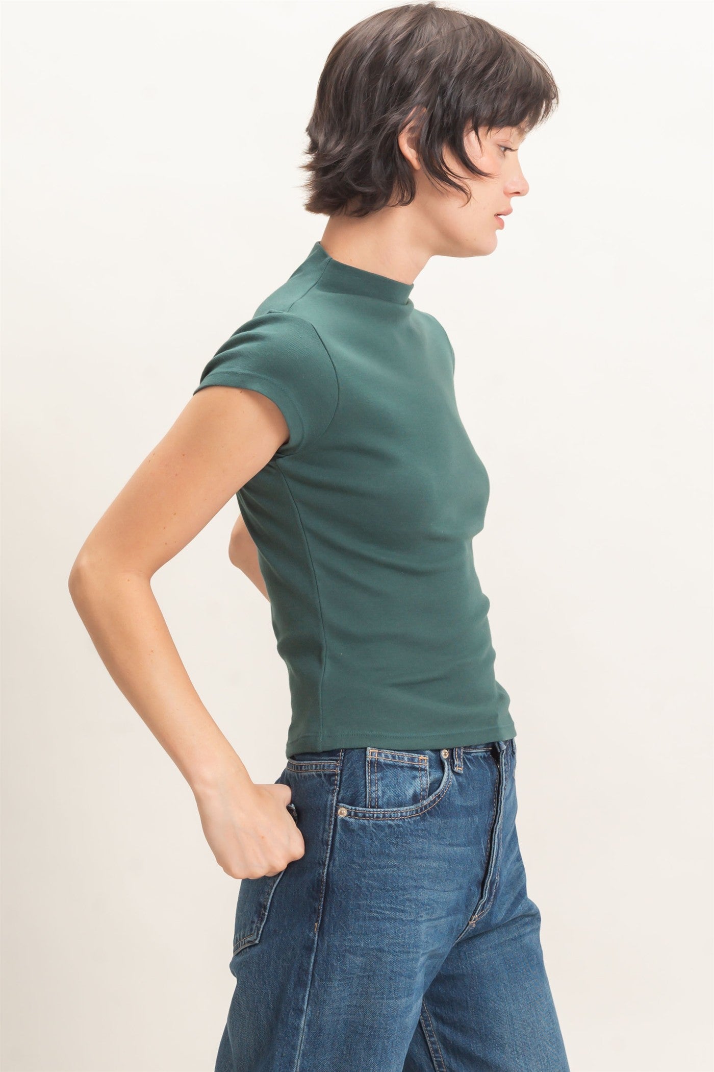 Wholesale Mock Neck Cap Sleeve Top Clothing Tops DZ26E323 DARK GREEN DOUBLE ZERO