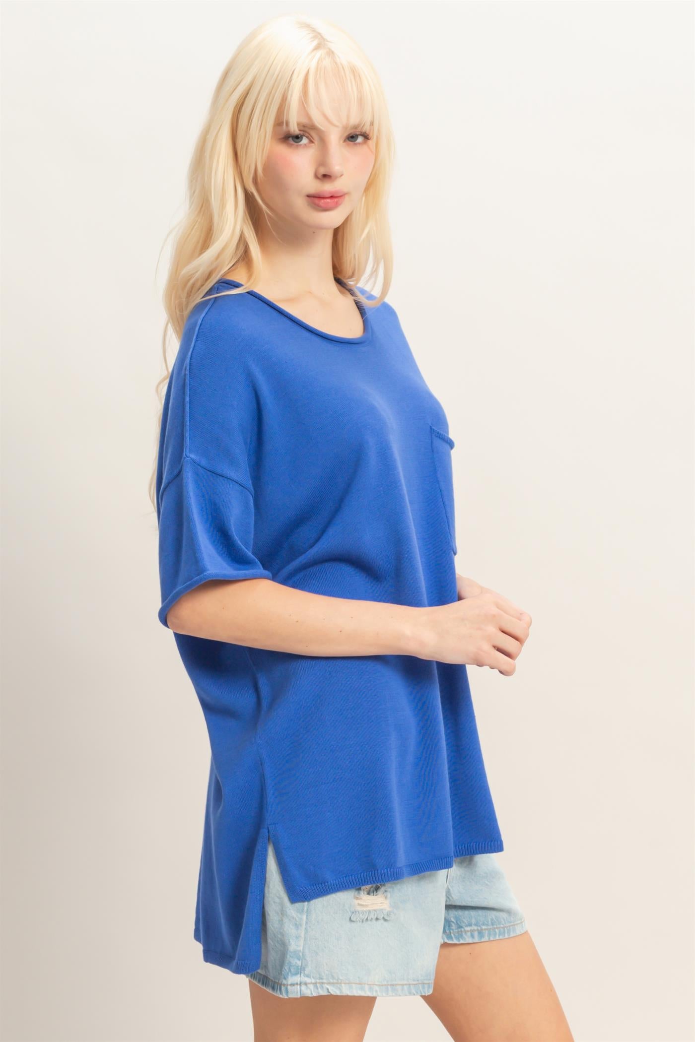 Wholesale Oversized Short Sleeve Round Neck Pocket Knit Top Clothing Tops DZ26A691 COBALT DOUBLE ZERO