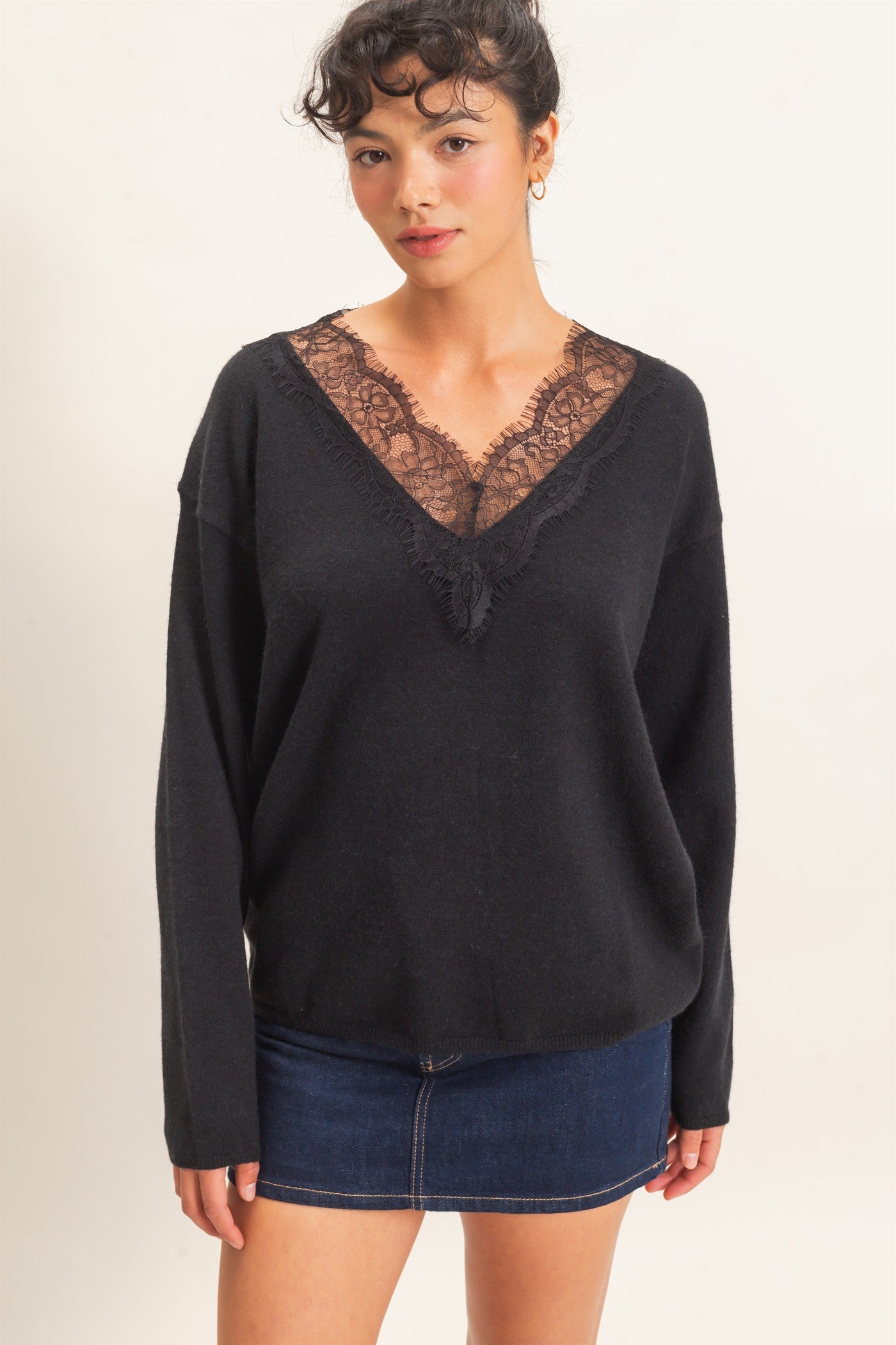 Wholesale Lace Trim V-Neck Sweater Sweaters DZ26E327 BLACK DOUBLE ZERO