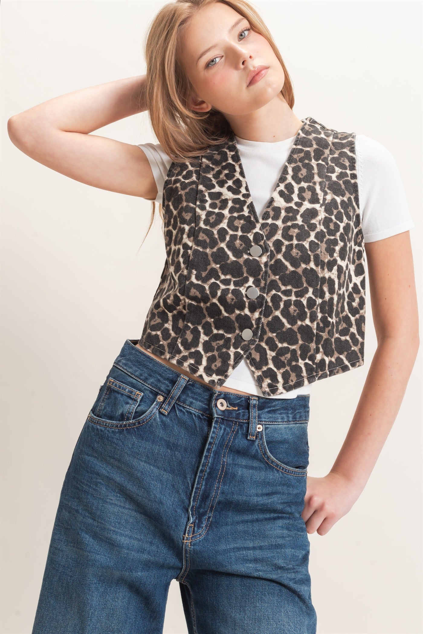 Wholesale Leopard Print Button Vest Clothing Tops HF26F160 CREAM HYFVE