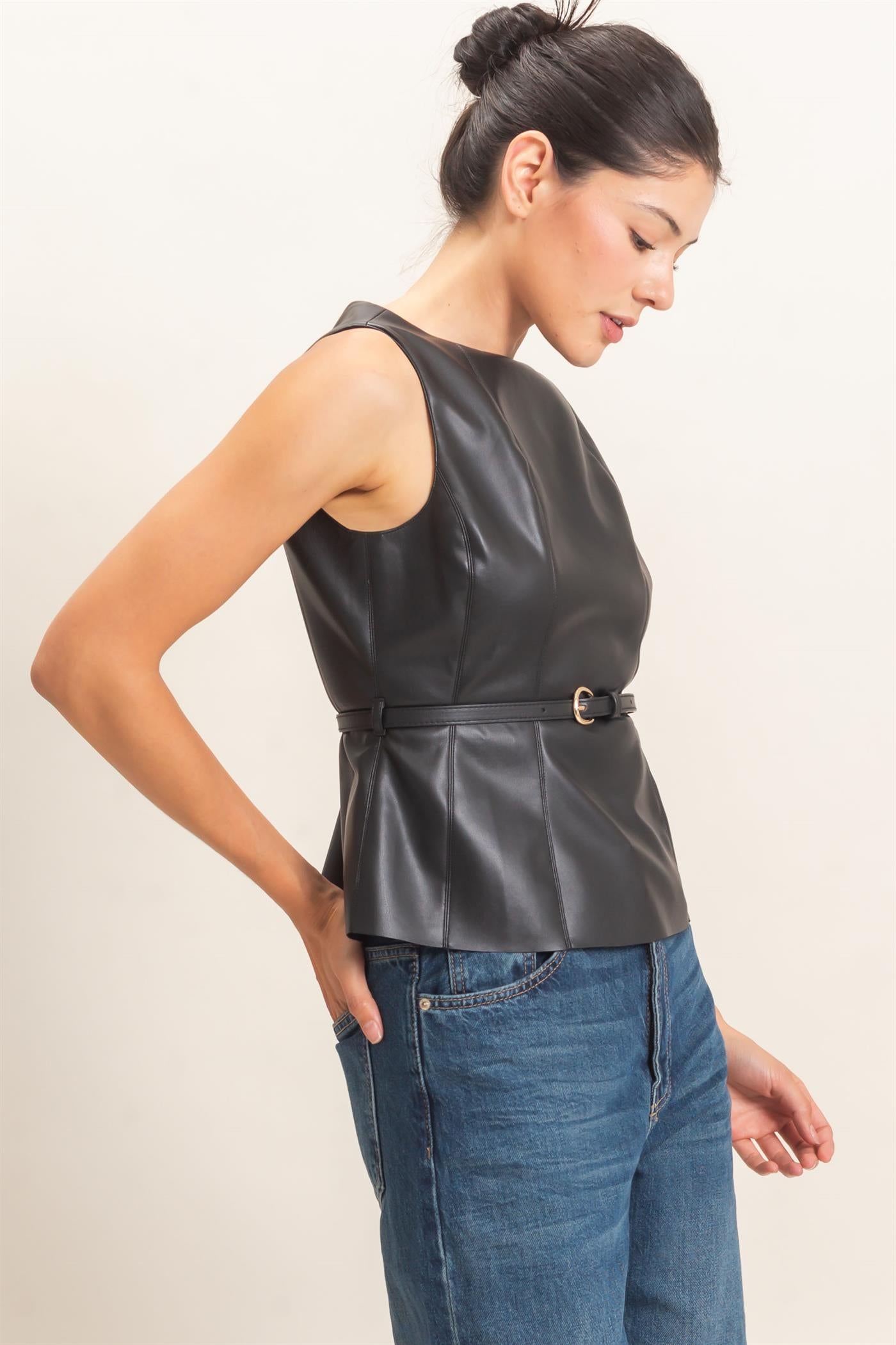 Wholesale Sleek Faux Leather Belted Top Clothing Tops HF26E543 BLACK HYFVE