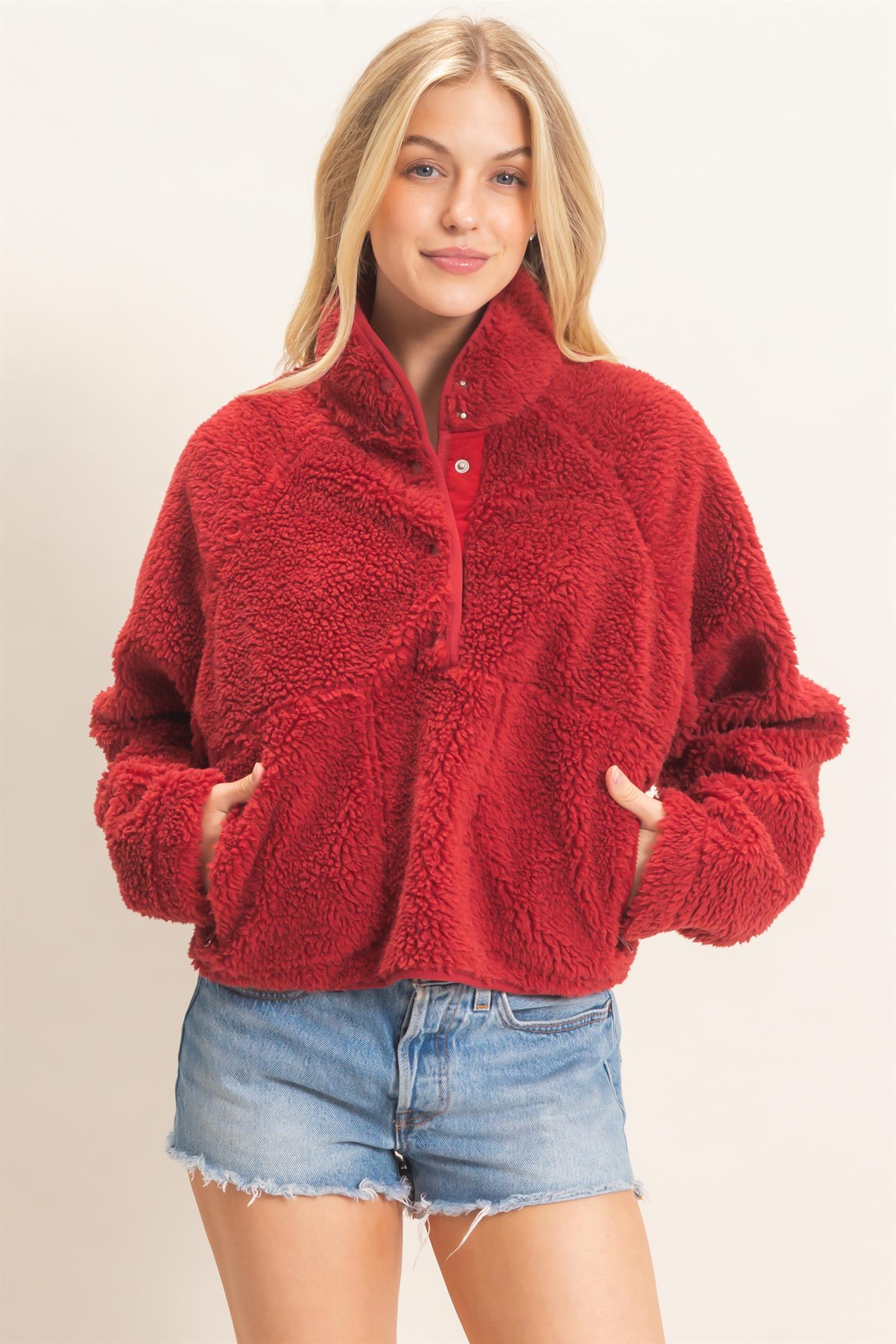 Wholesale Half-Zip Sherpa Jacket Sweatshirts HF26F130-D BURGUNDY HYFVE