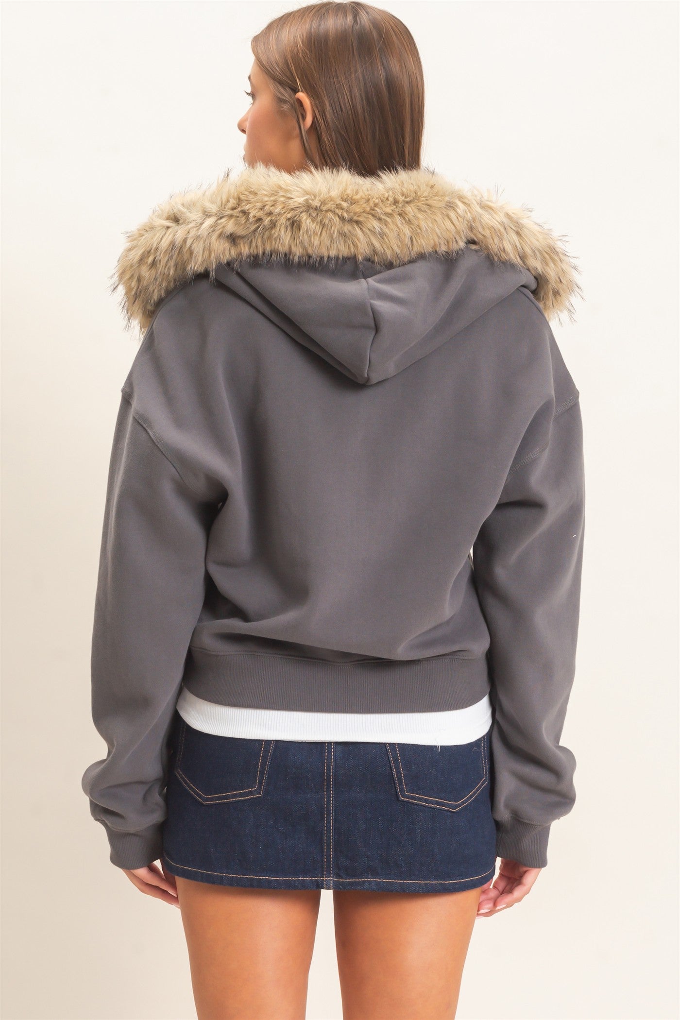 Wholesale Detachable Fur Zip Up Hoodie Hoodies DZ26F396 CHARCOAL DOUBLE ZERO